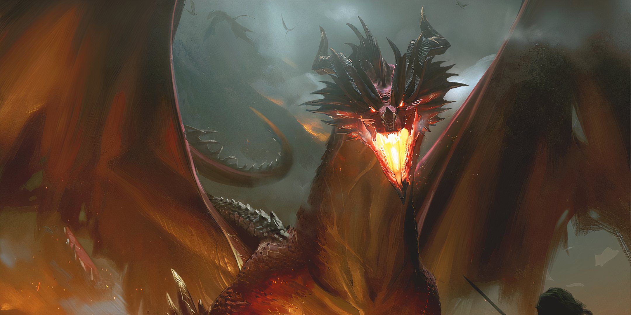 Dungeons &amp; Dragons art of an Ancient Red Dragon looking over a crowd in Dungeons &amp; Dragons by Joshua Raphael.