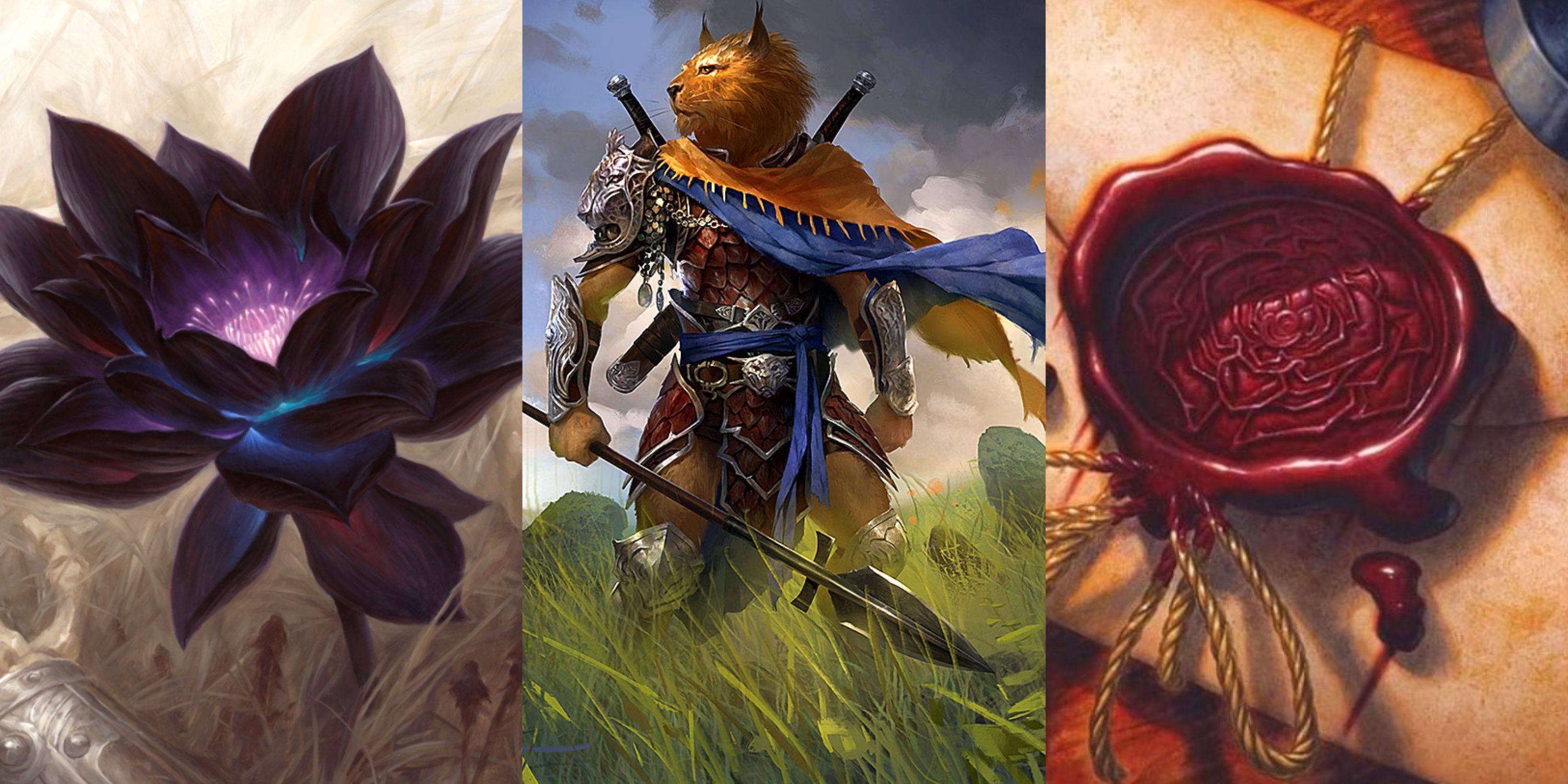 MTG card art for Black Lotus, Balan, and Imperial Seal.