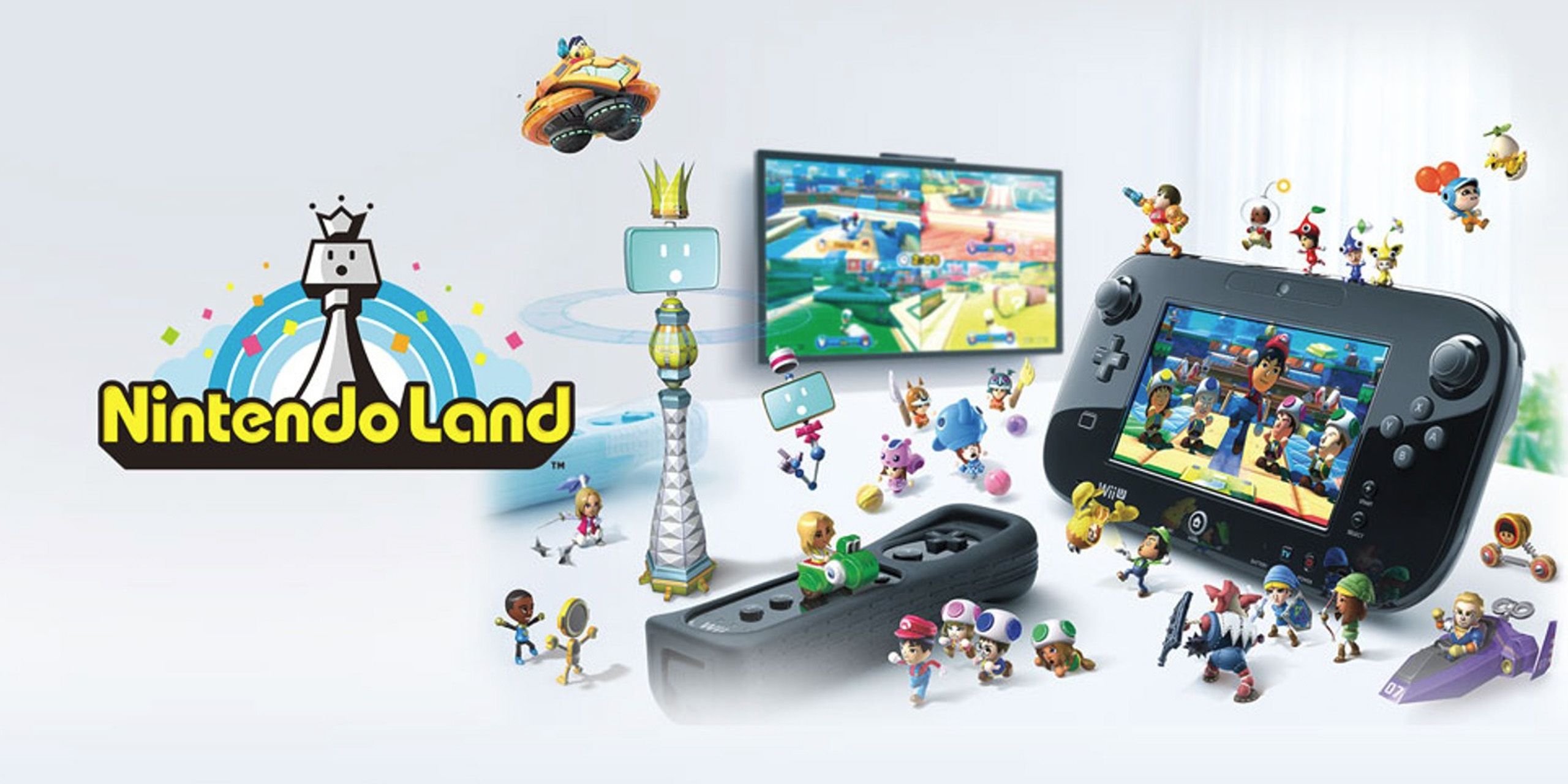 Cover art for Nintendo Land, showing various Miis surrounding a Wii U, a Wii remote, and a TV.