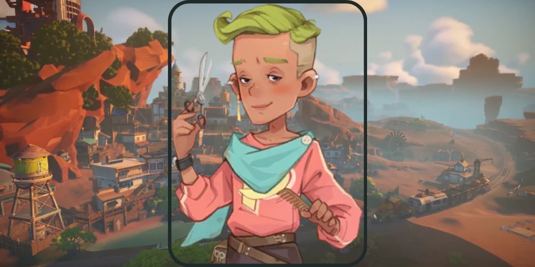 Pablo from My Time At Sandrock is shown. He is a stylist with green hair and a blue cloak.