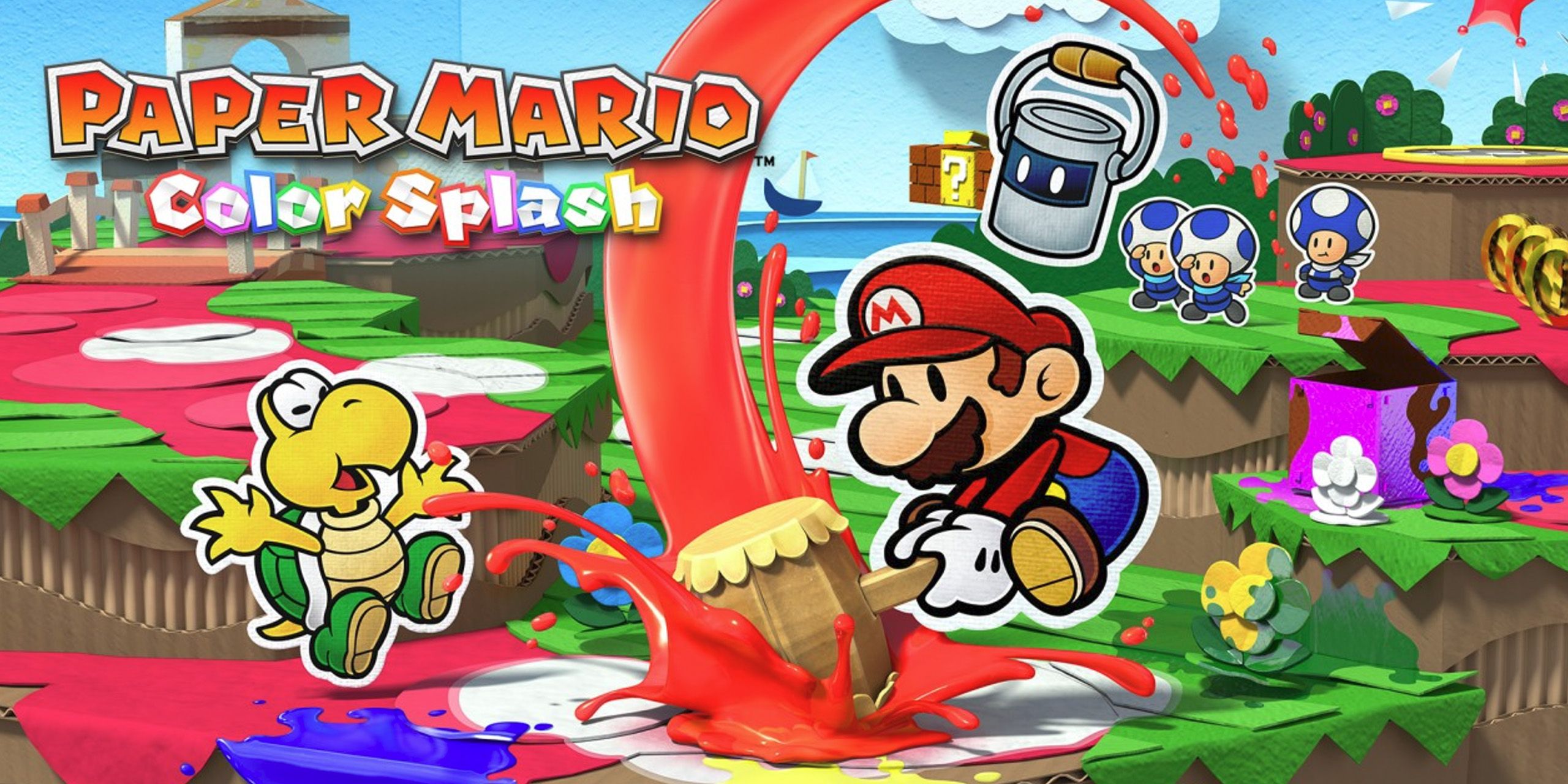 Cover art for Paper Mario: Color Splash, showing Mario hitting a hammer in front of a Koopa.