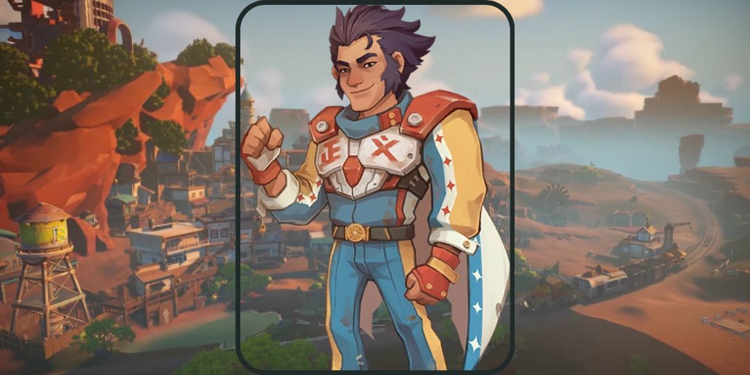 Pen from My Time At Sandrock is shown. He has dark hair and an star spangled cape.