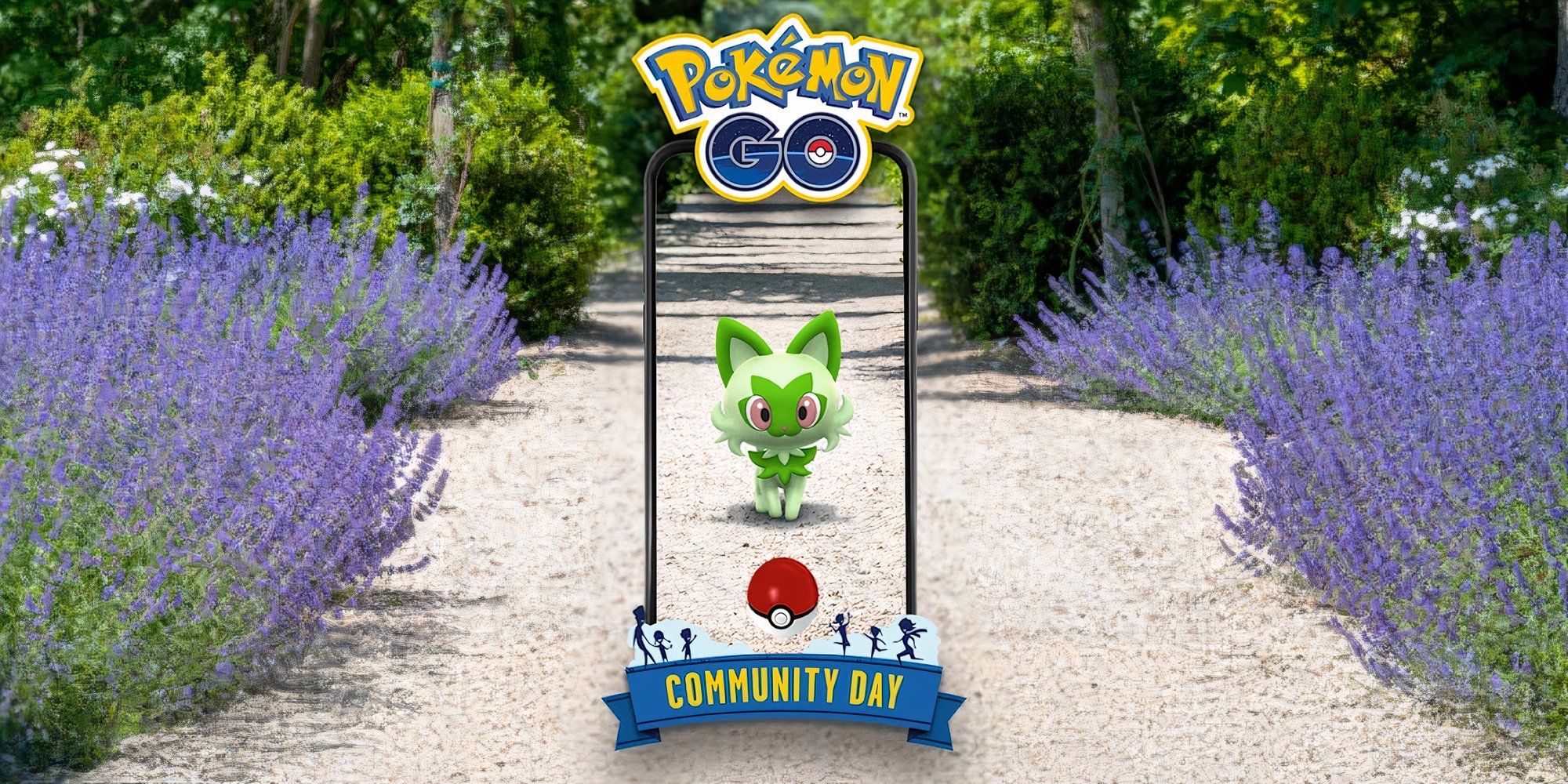 Image of Sprigatito standing on a path with a Community Day frame around it.