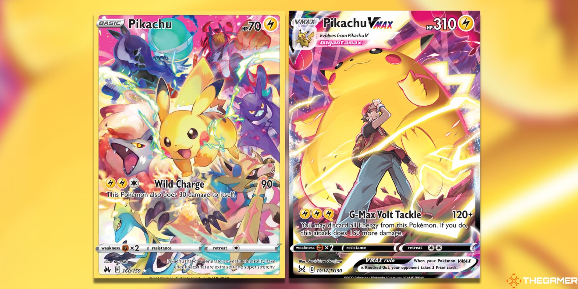 The Pikachu Secret Rare from Crown Zenith and Pikachu VMAX from the Lost Origin Trainer Gallery in the Pokemon TCG.