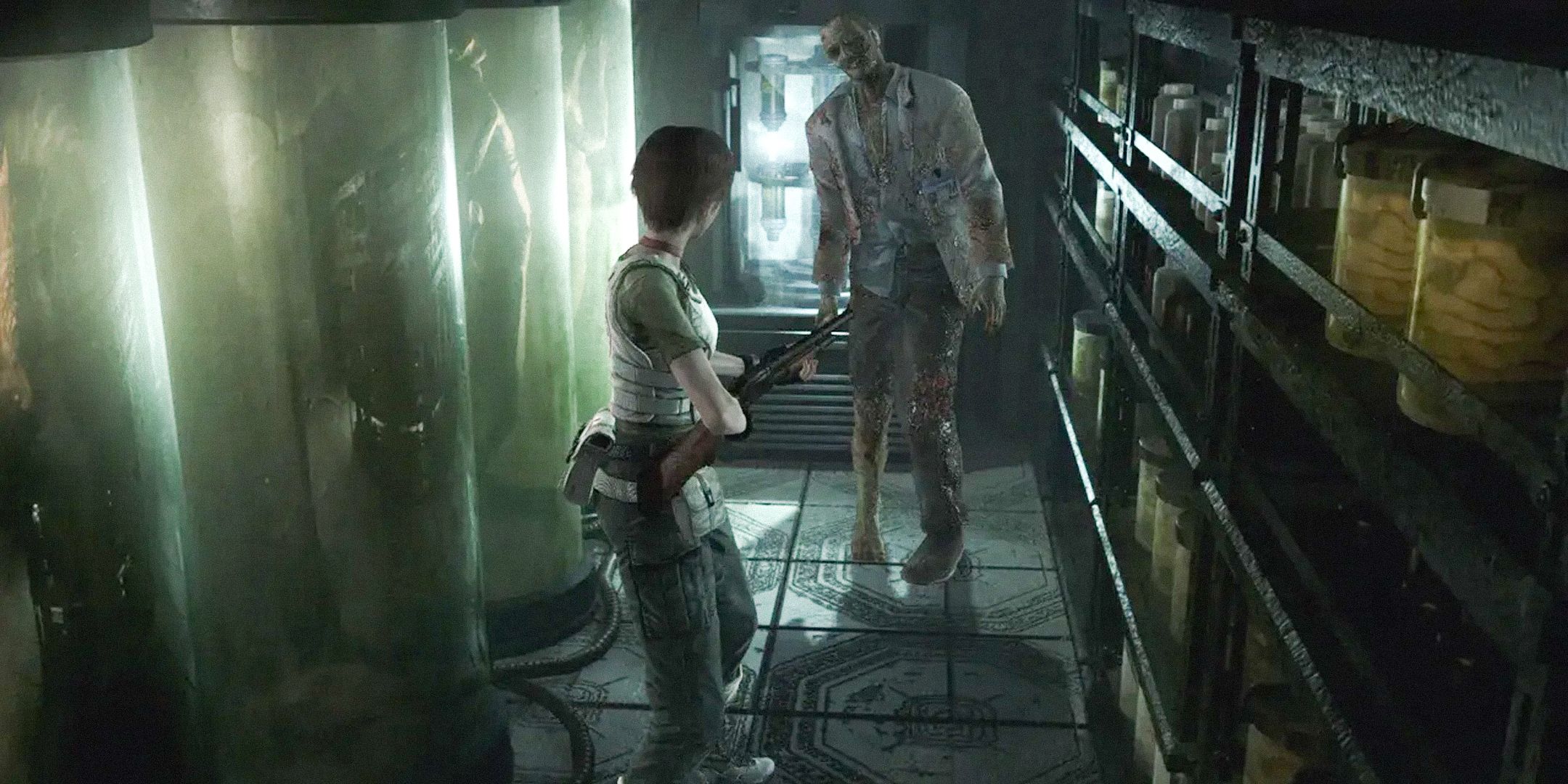 Resident Evil 0 screenshot of Rebecca in a lab, pointing a shotgun at a zombie.