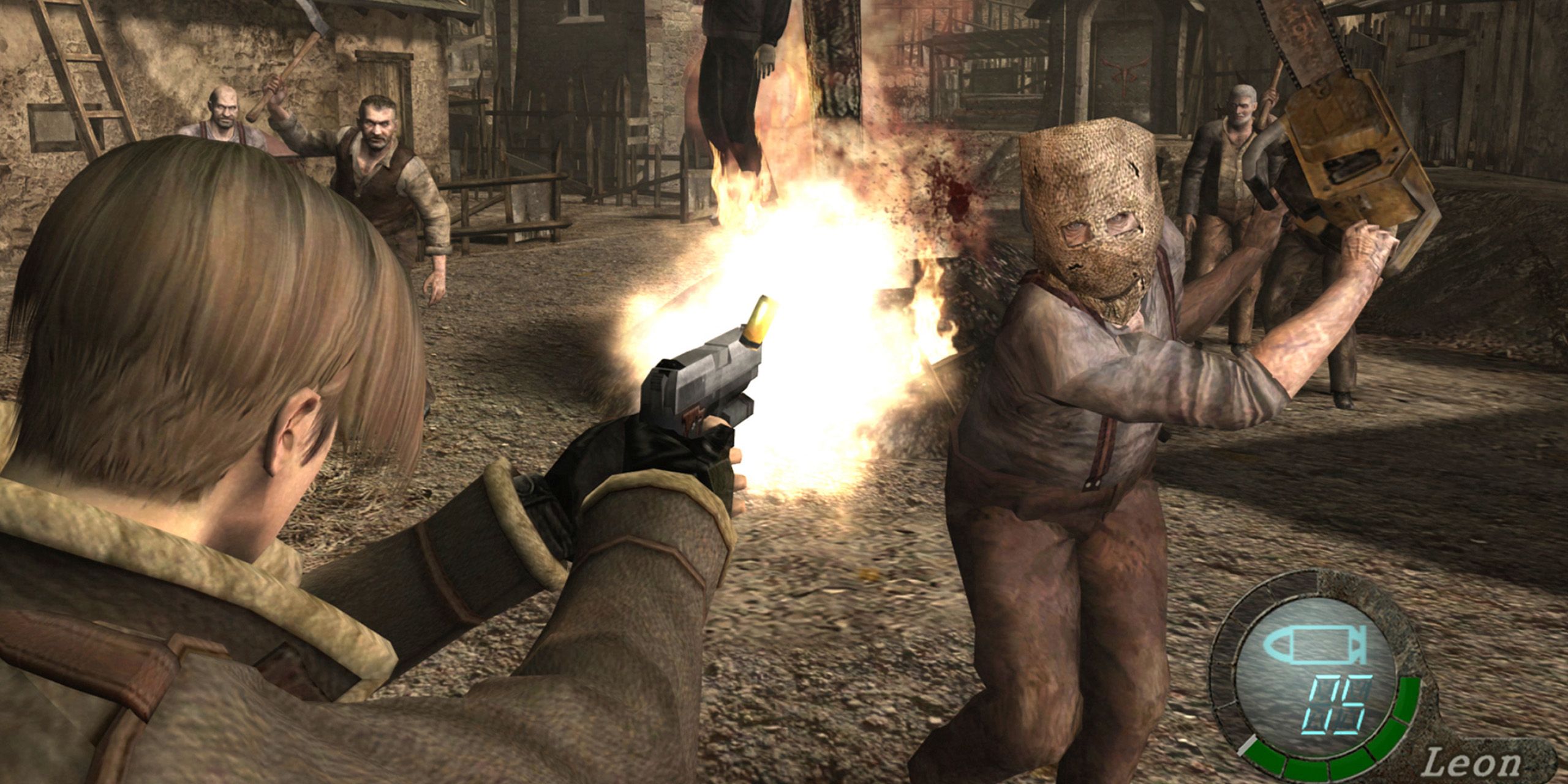Leon focuses on a pistol on a person who has a chainsaw, from the Resident Evil 4.