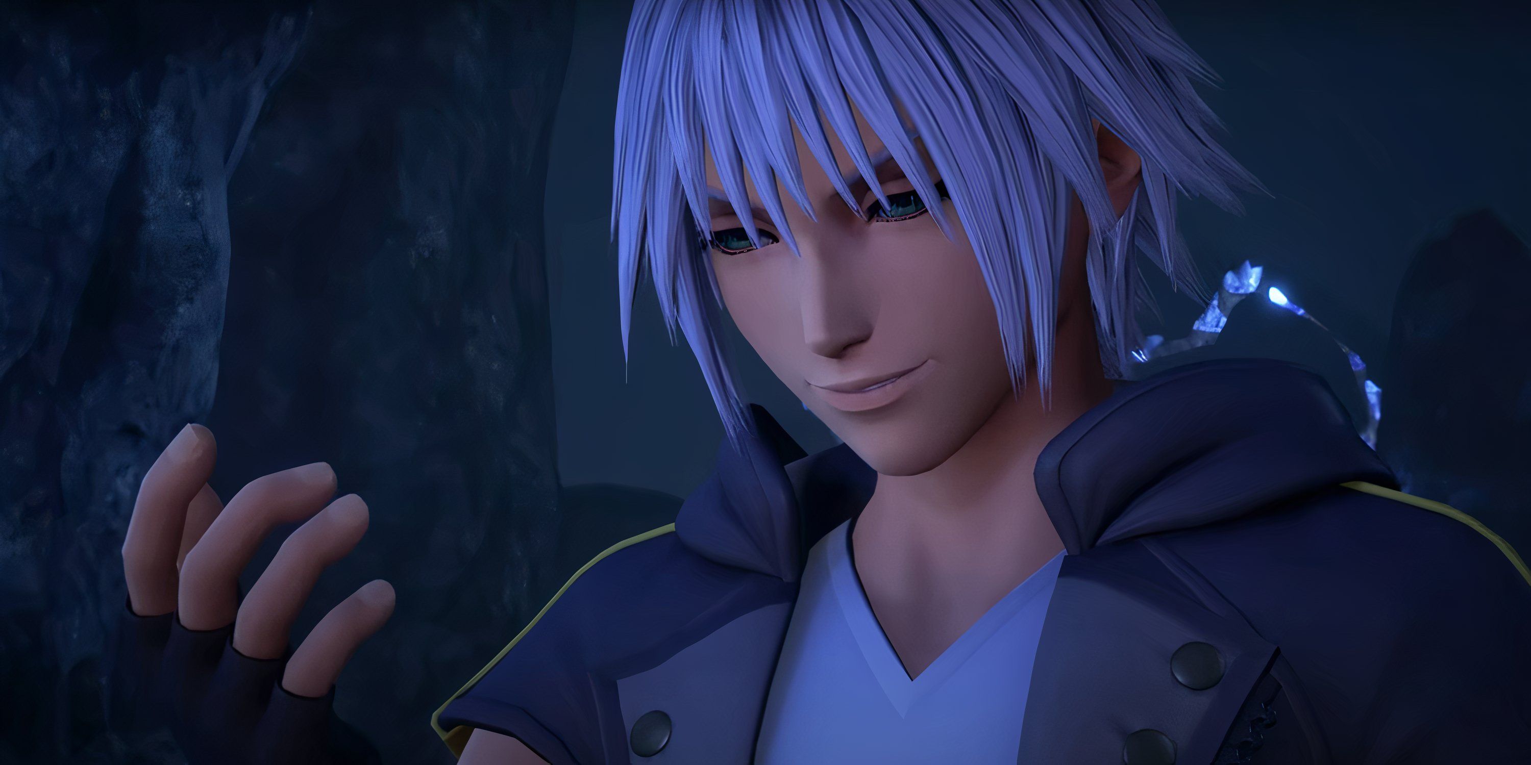 Riku looking at his hand and smiling in Kingdom Hearts 3.