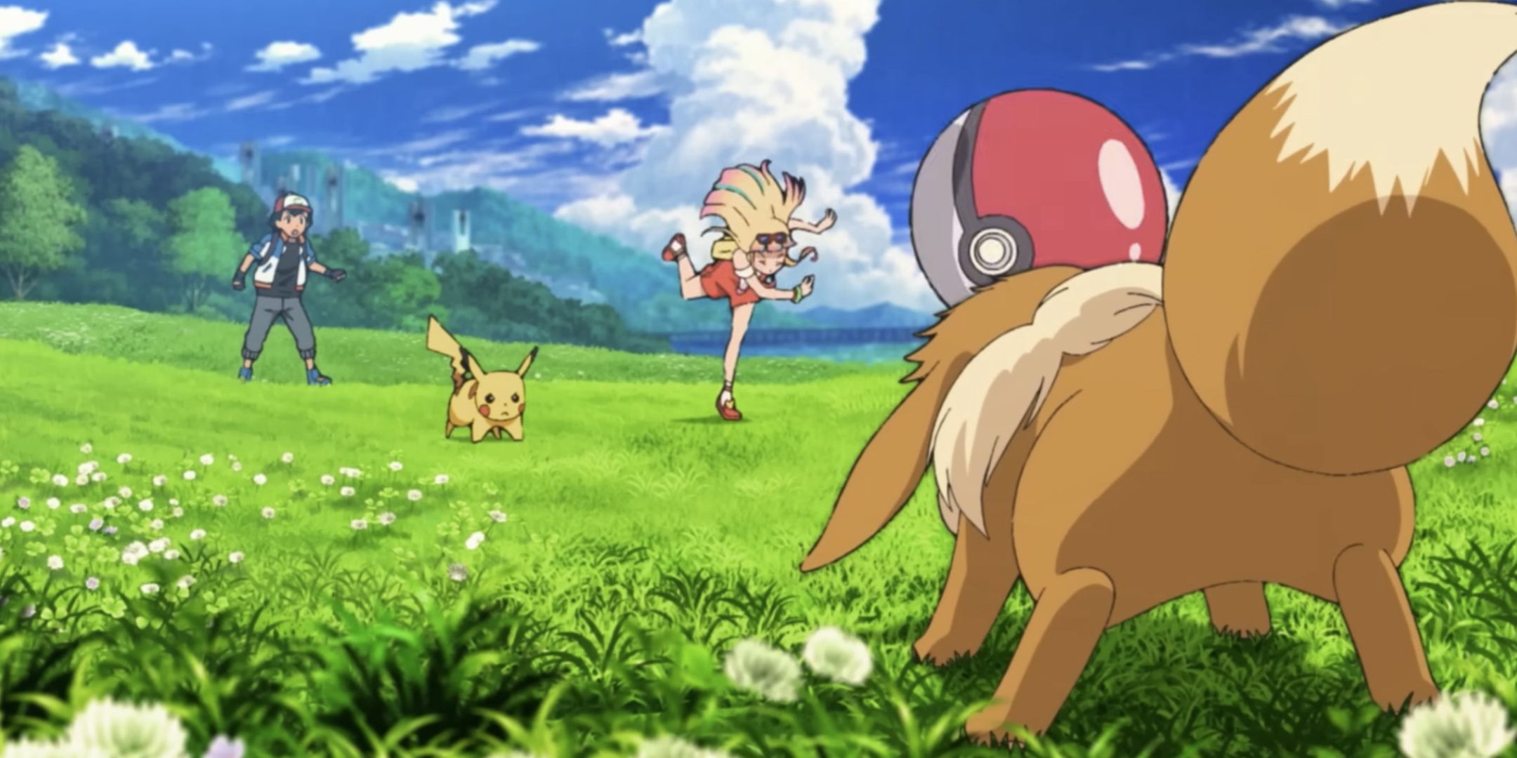 Risa catches Eevee in the Pokemon Movie, The Power of Us.