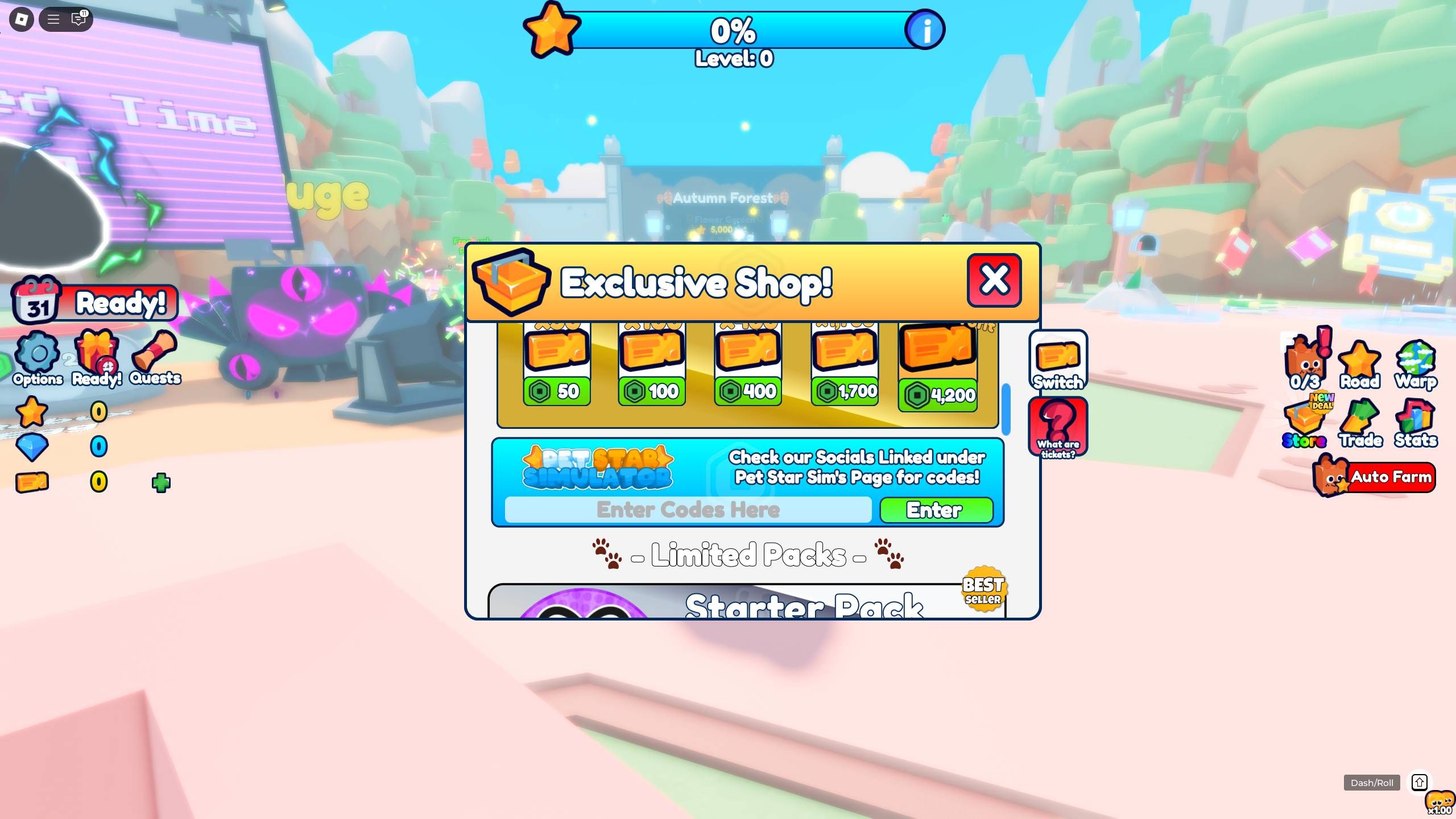the codes field in Pet Star Simulator on Roblox