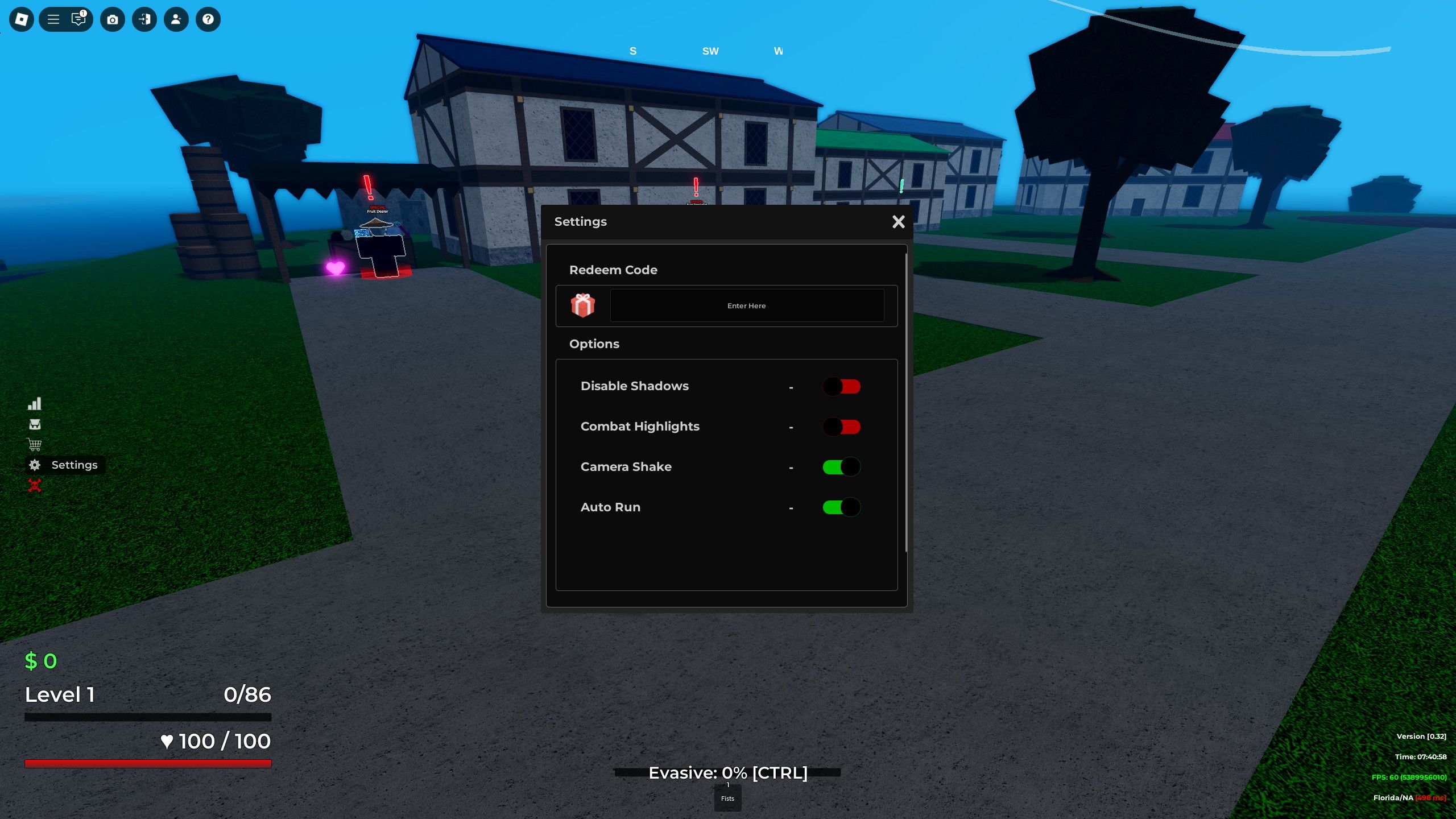 the settings window in Rage Seas on Roblox