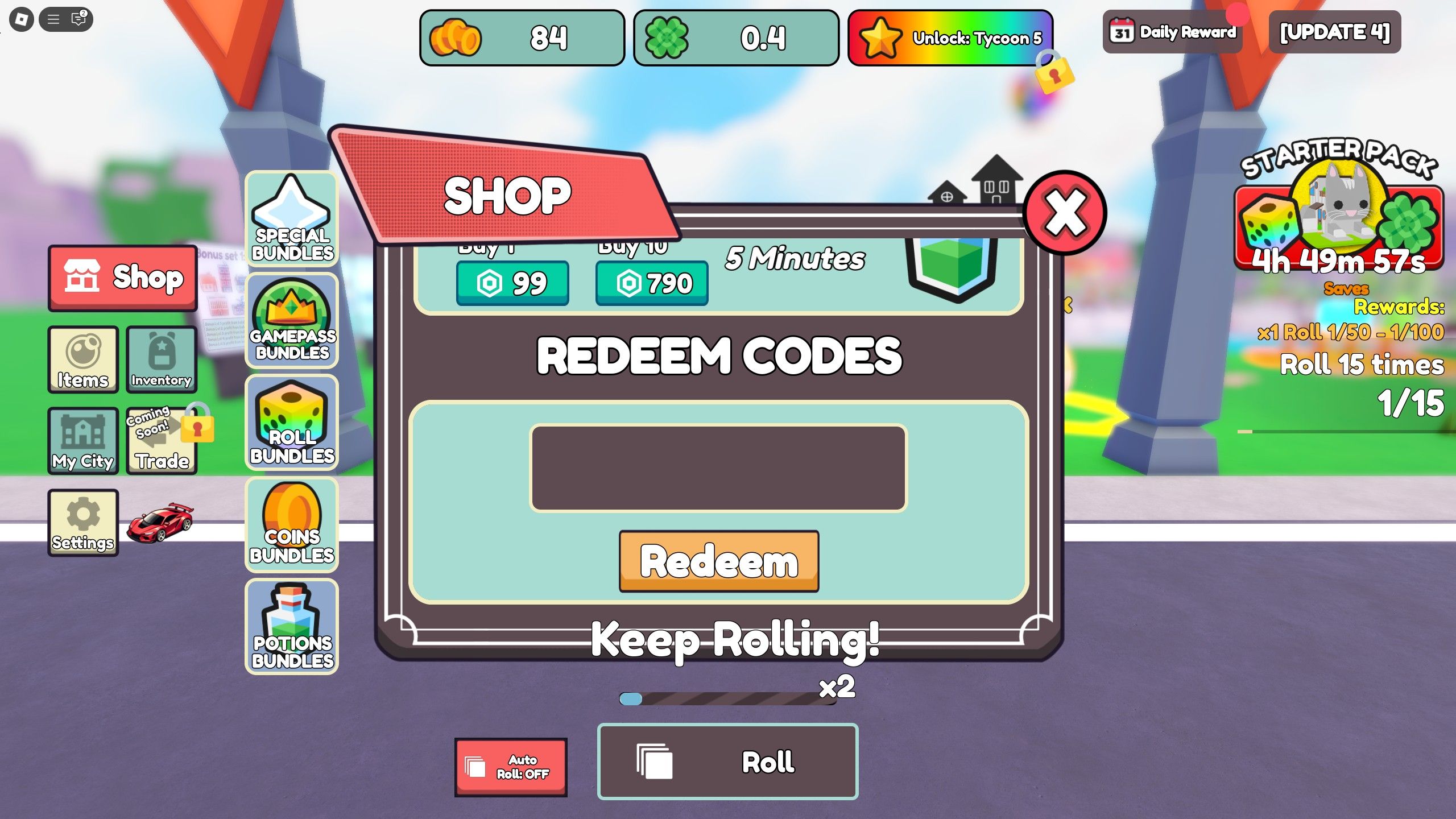 the codes box in City RNG Tycoon on Roblox