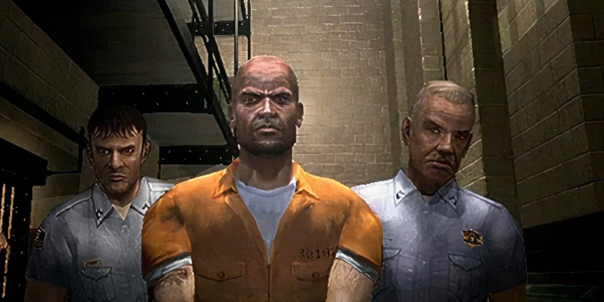 Sam Fisher flanked by two prison guards in Splinter Cell: Double Agent for the PS2.