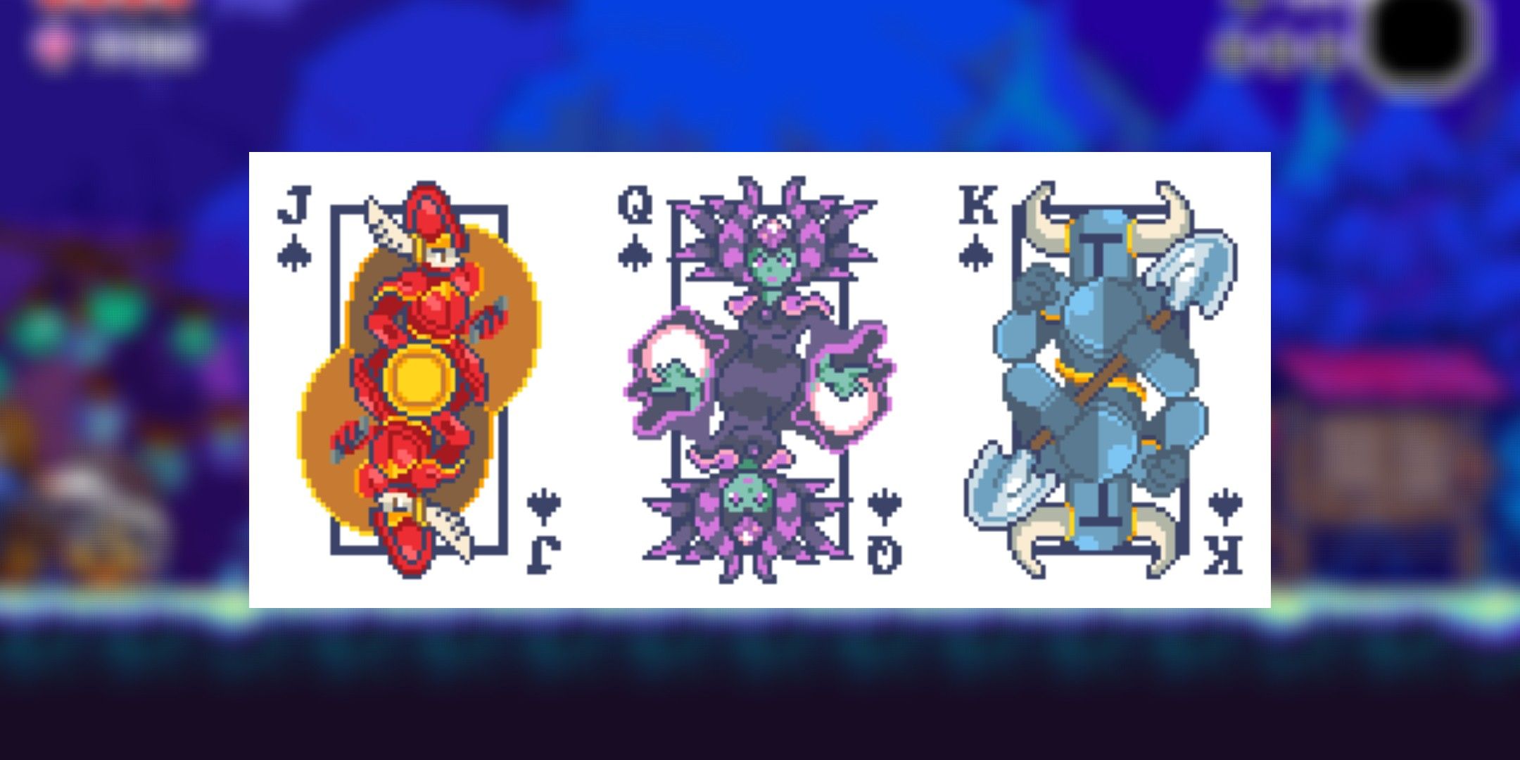 Shovel Knight characters from left to right are: Shield Knight, The Enchantress in the middle and the Titular Shovel Knight on the right.