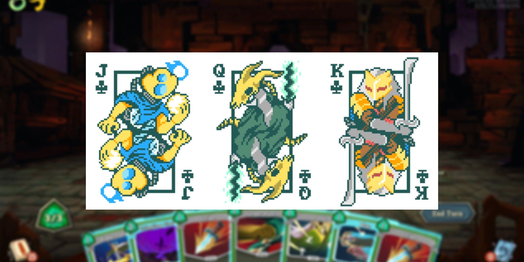 Slay the Spire fighters from left to right: The Defect on the left, The silent in the middle, and Ironclad on the right.