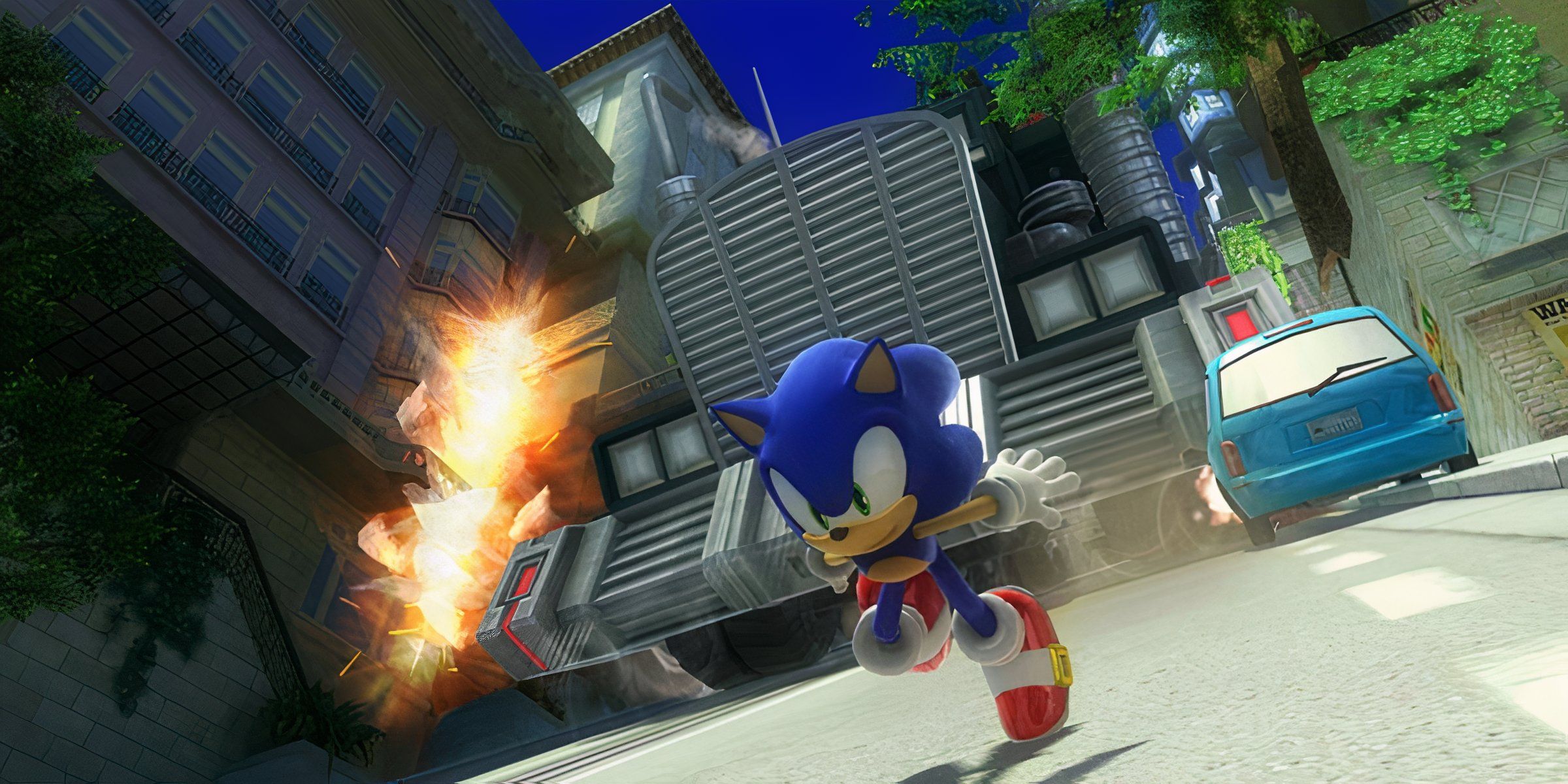 Sonic Boosting Away From The GUN Truck In City Escape Act Two In Sonic X Shadow Generations.