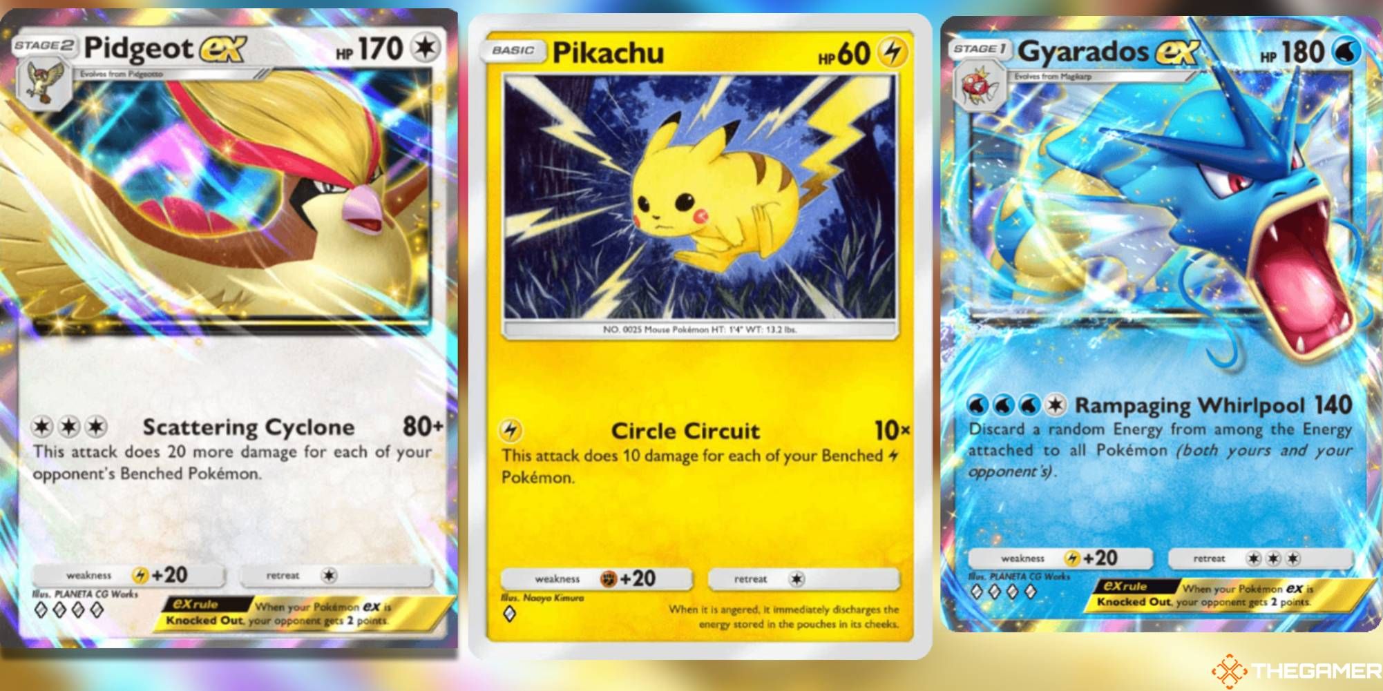 Split image featuring Pidgeot Ex, Pikachu, and Gyarados Ex from Pokemon Pocket.