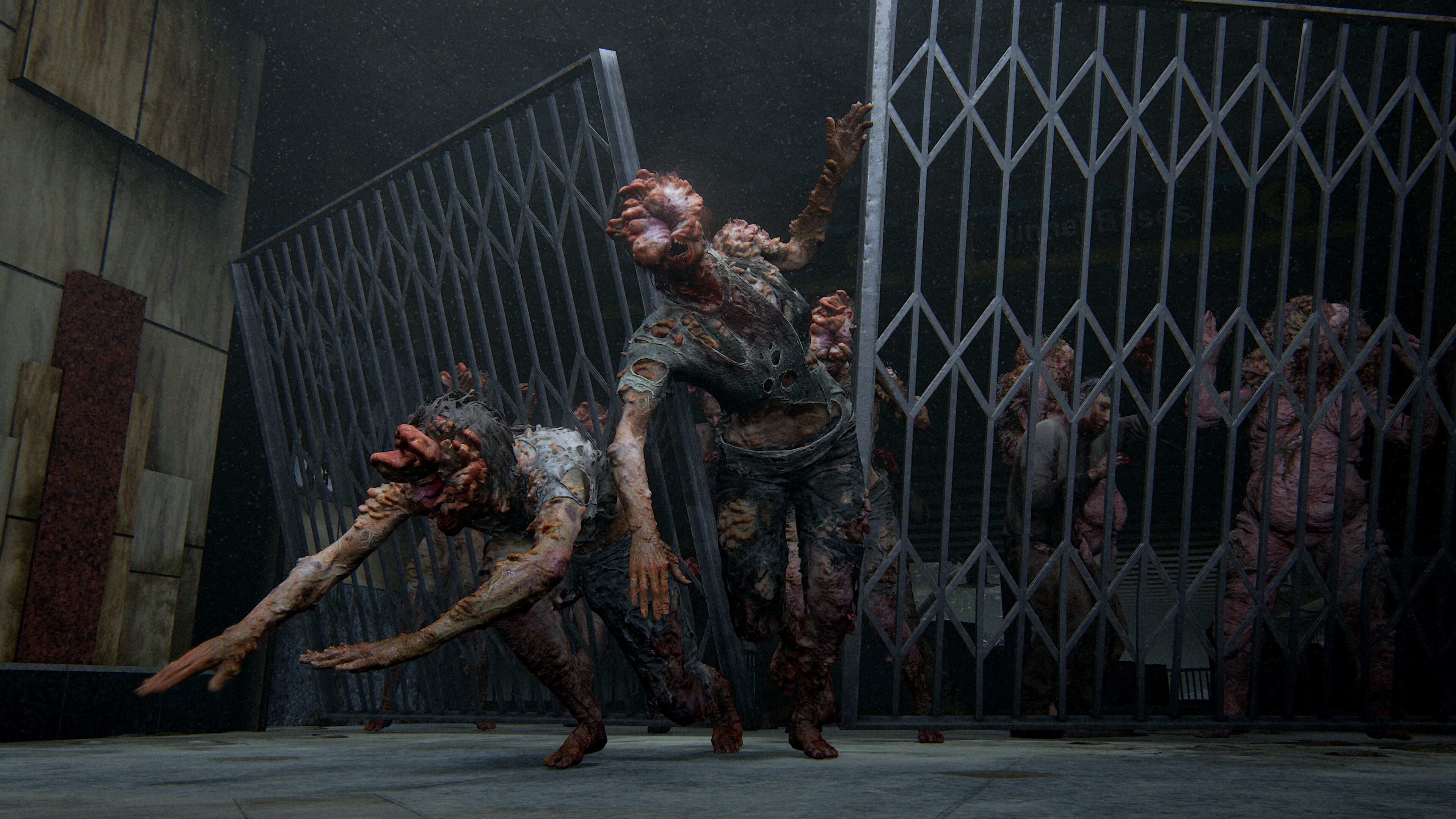 Hordes of infected crash through a broken fence in The Last of Us Remastered.