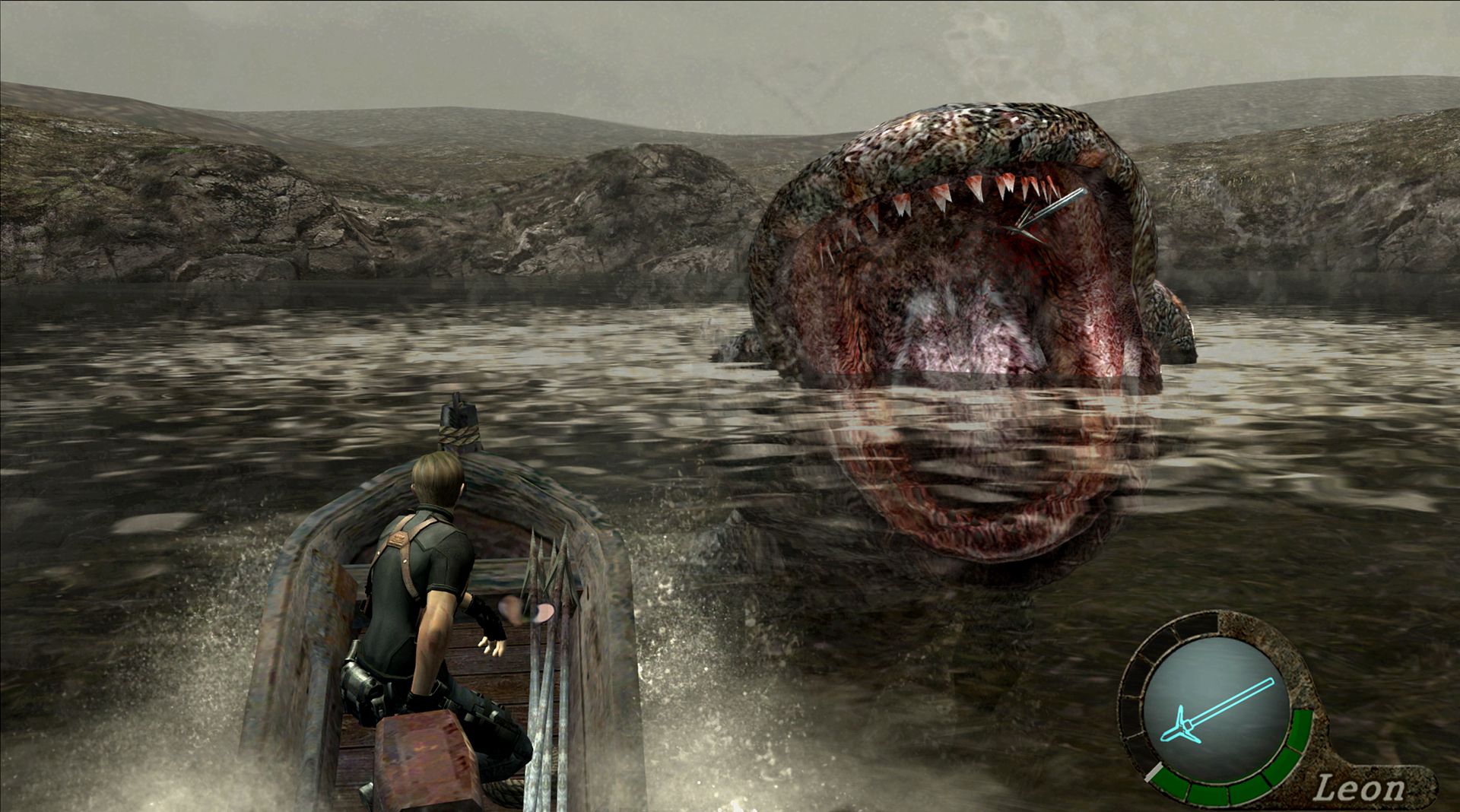 Leon travels towards the giant lake monster in Resident Evil 4. 