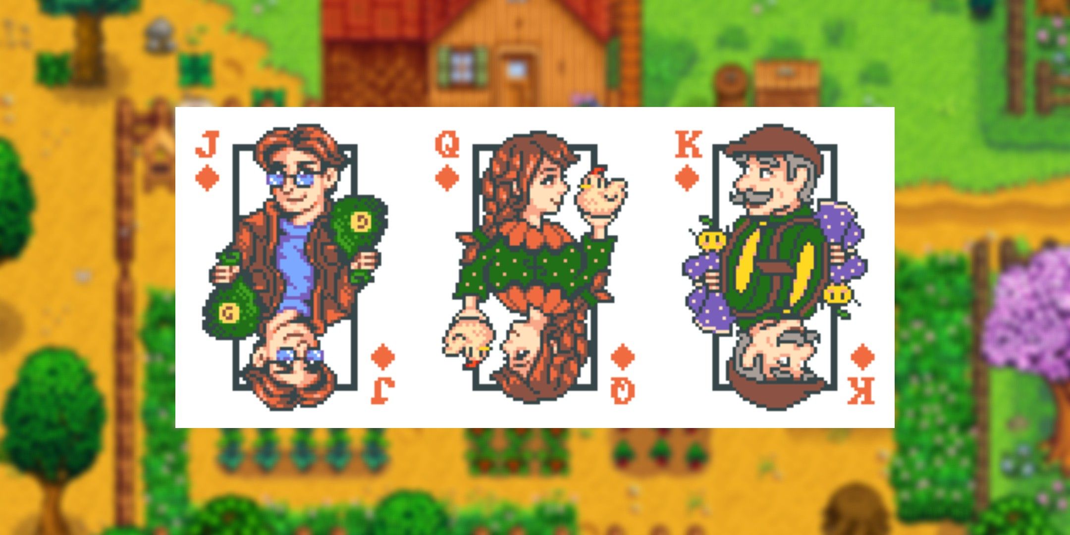Stardew Valley villagers from left to right: Pierre the shop owner on the left, Marnie the farmer in the middle, Mayor Lewis on the right.