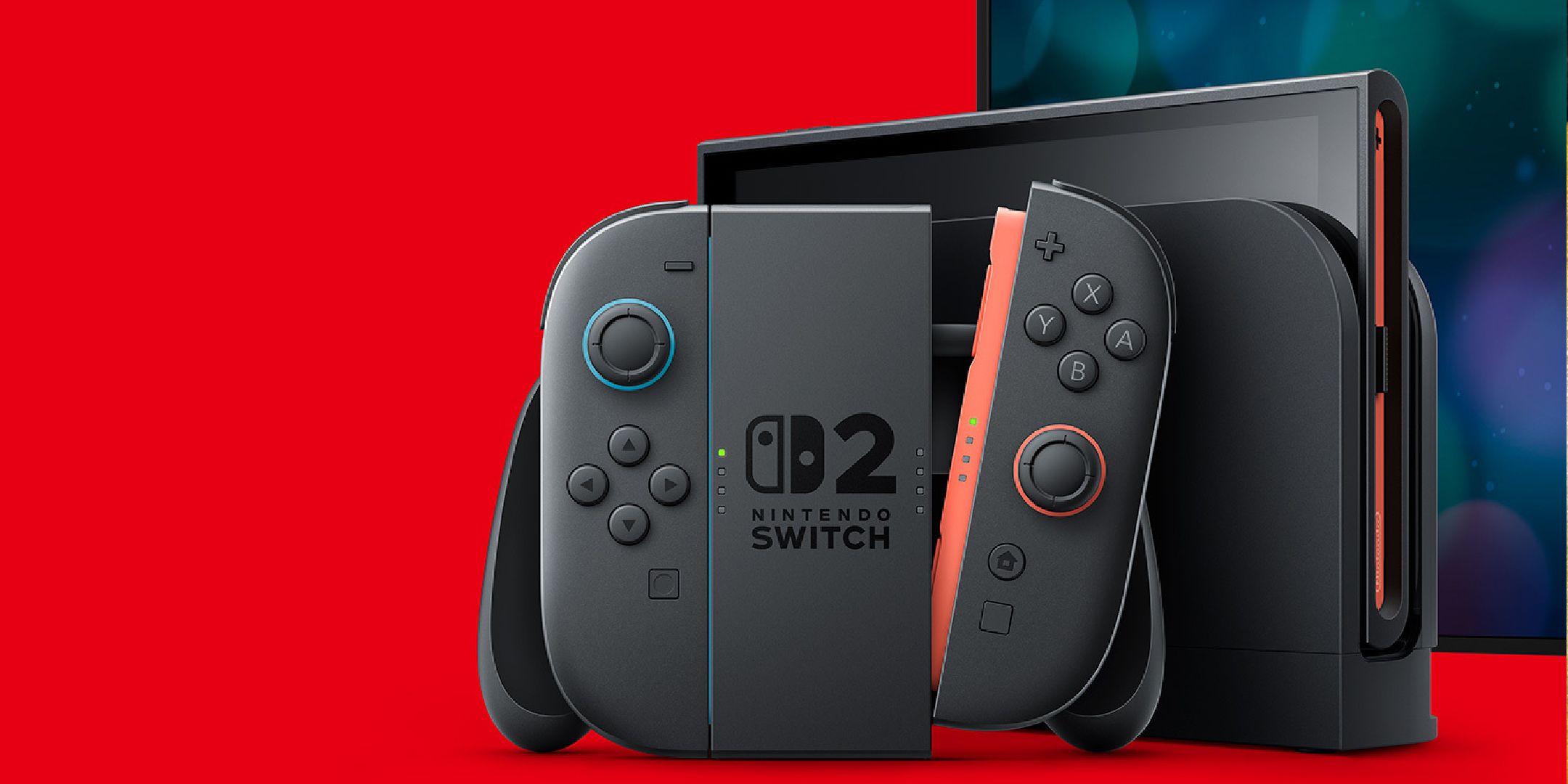 Switch 2 joy-cons in front of a docked Switch 2 over a red background.