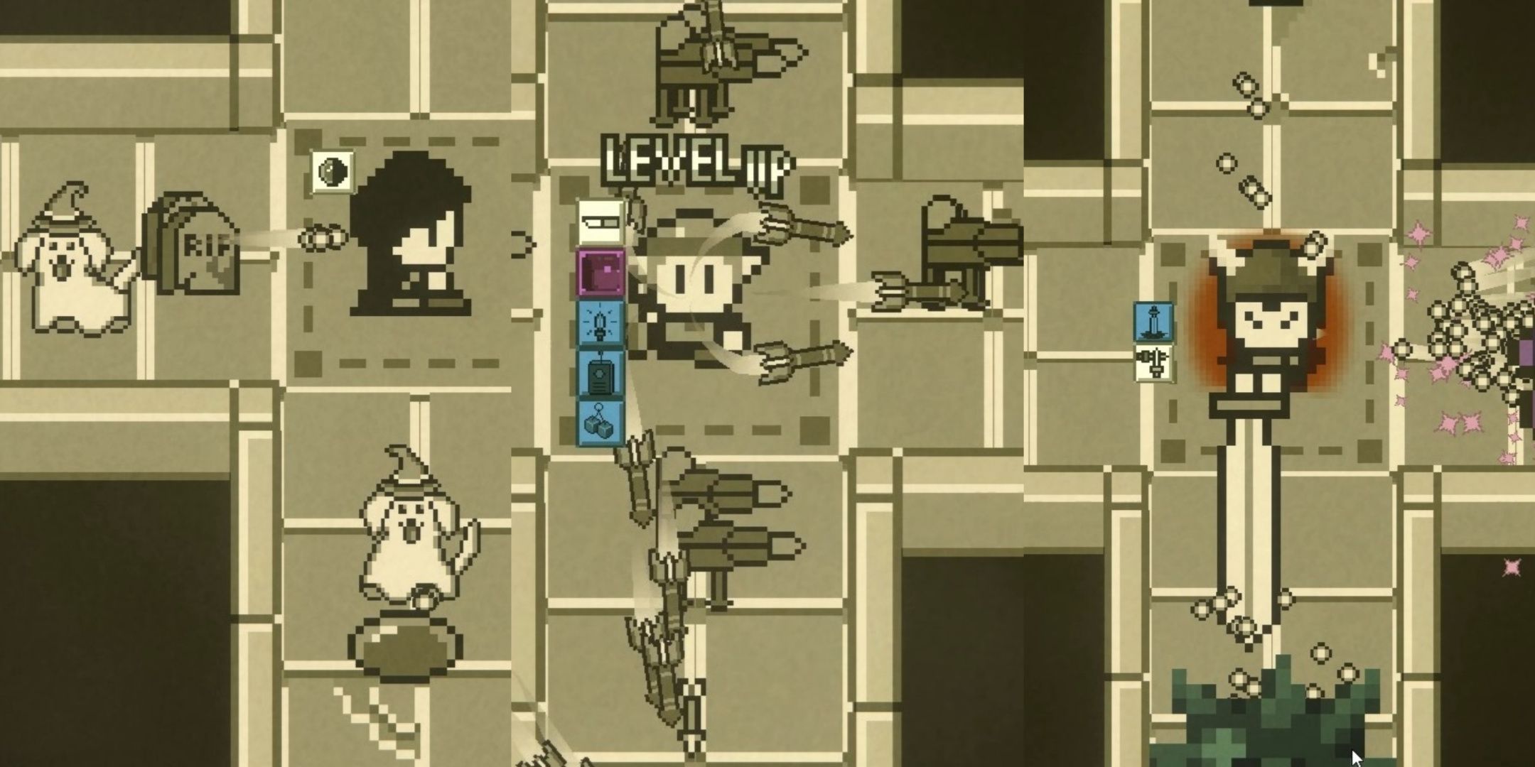 Left to right: The Summoner sending Good Boys down and left, the Archer leveling up with colored boxes representing abilities triggering and surrounded by turrets and missiles, an extra-large Warrior with a red aura pointing a sword south towards a blue spiked enemy in Talented.