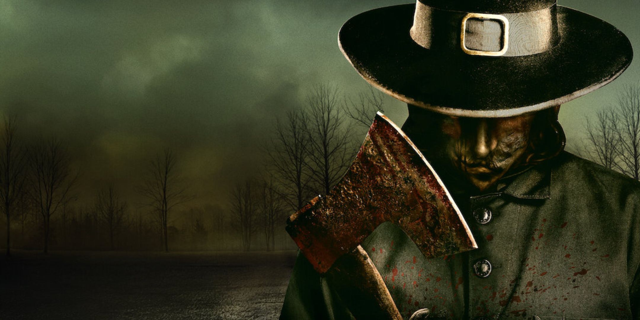 A masked killer dressed like an pilgrim has an ax in Thanksgiving. 
