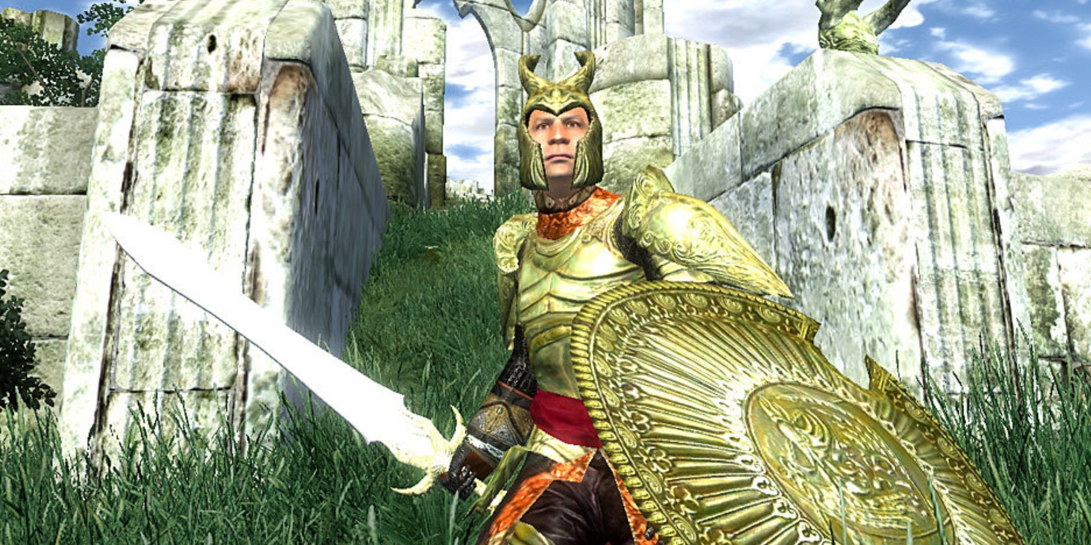 A character in golden armour, wielding a sword and a shield in The Elder Scrolls 4: Oblivion.