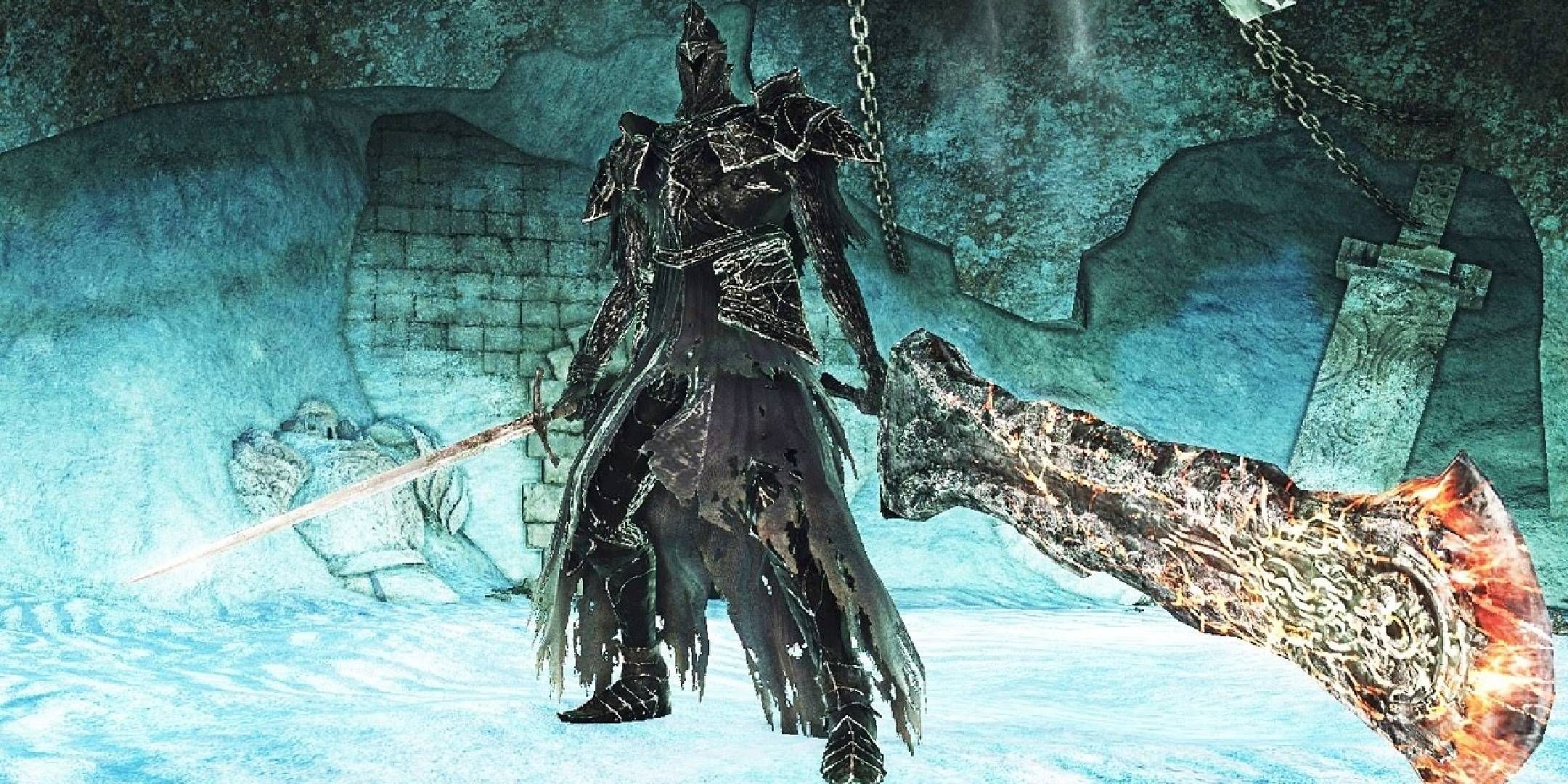 Fume Knight standing in his arena to fight the Bearer of Curse in Dark Souls 2.