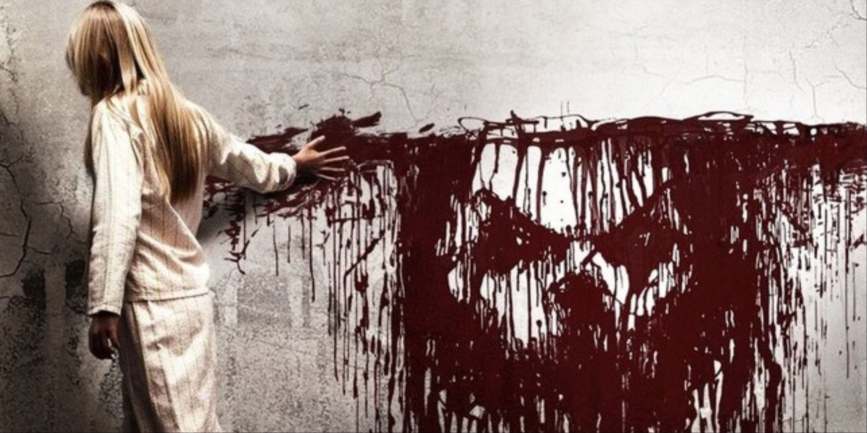 The main art for Sinister with a child painting the main demon&rsquo;s face out in blood.