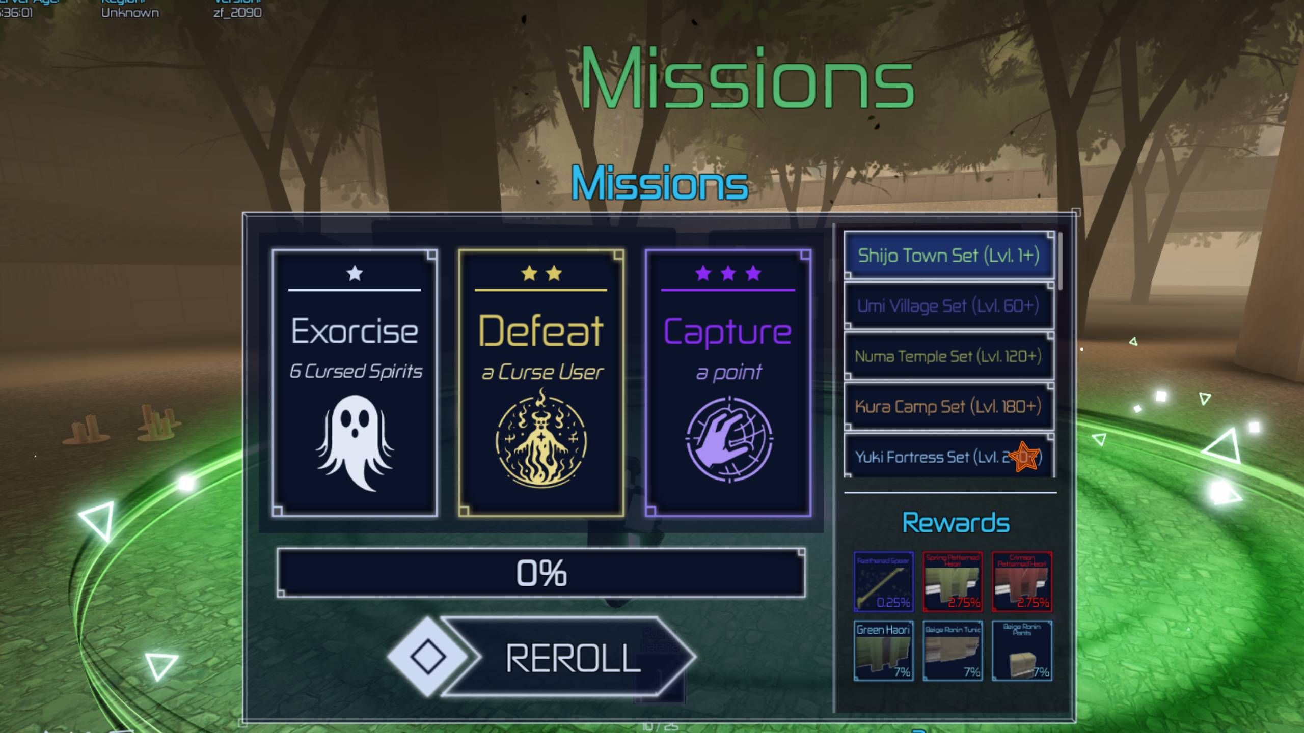 Mission menu showing in-game areas - roblox