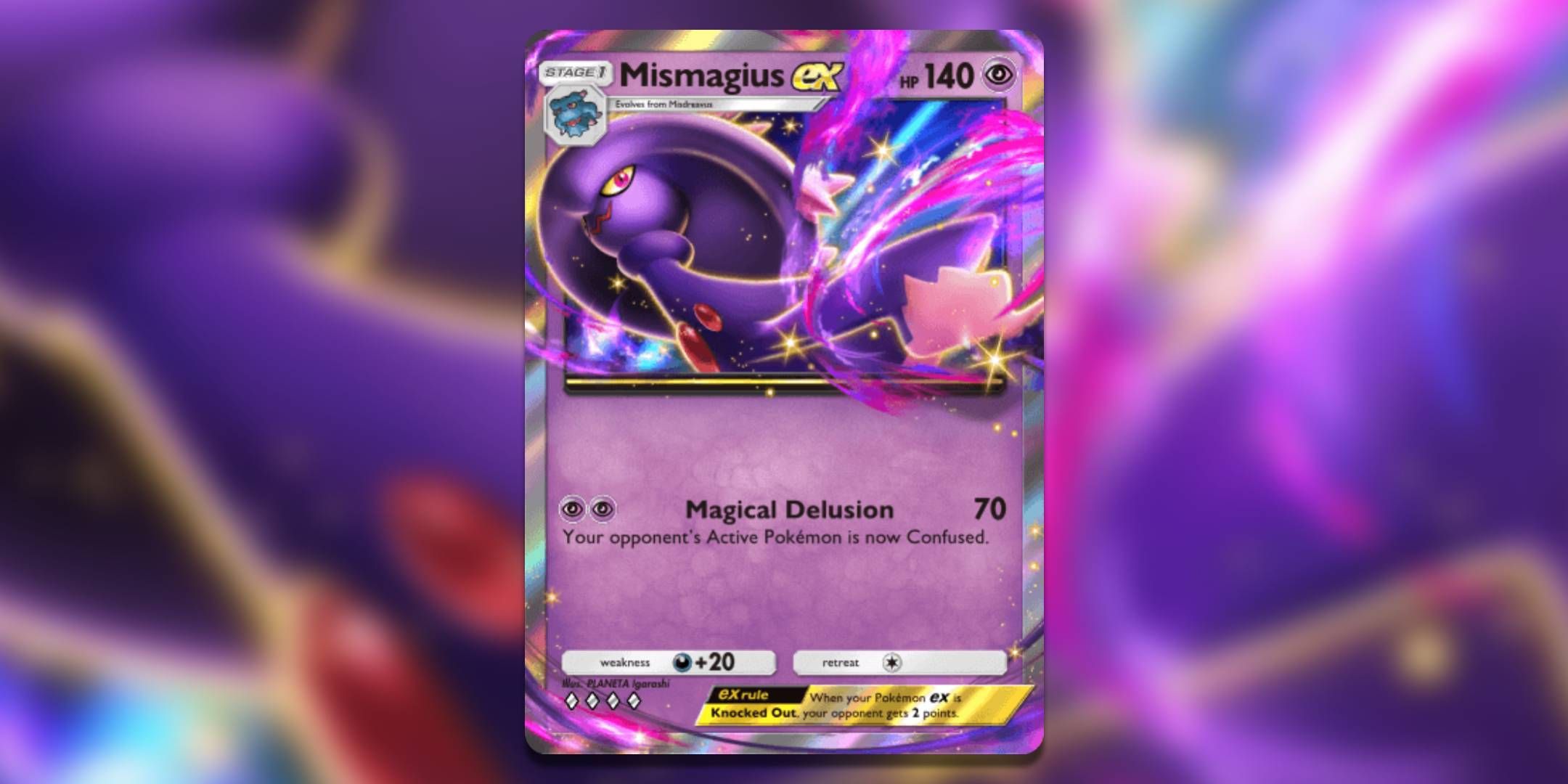 The Pokemon Pocket card Mismagius ex by Planeta Igarashi.