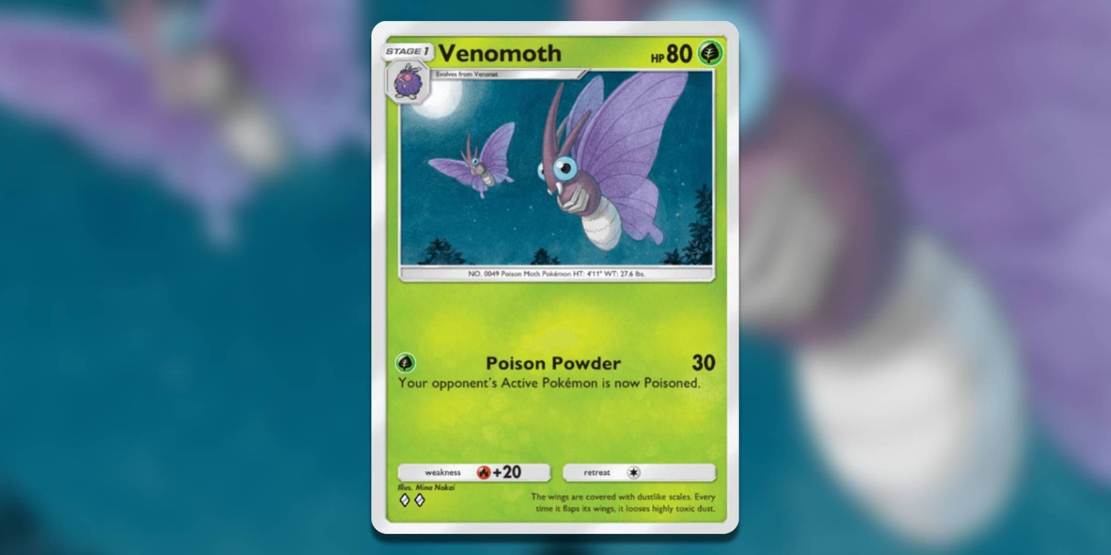 The Pokemon Pocket card Venomoth by Mina Nakai.