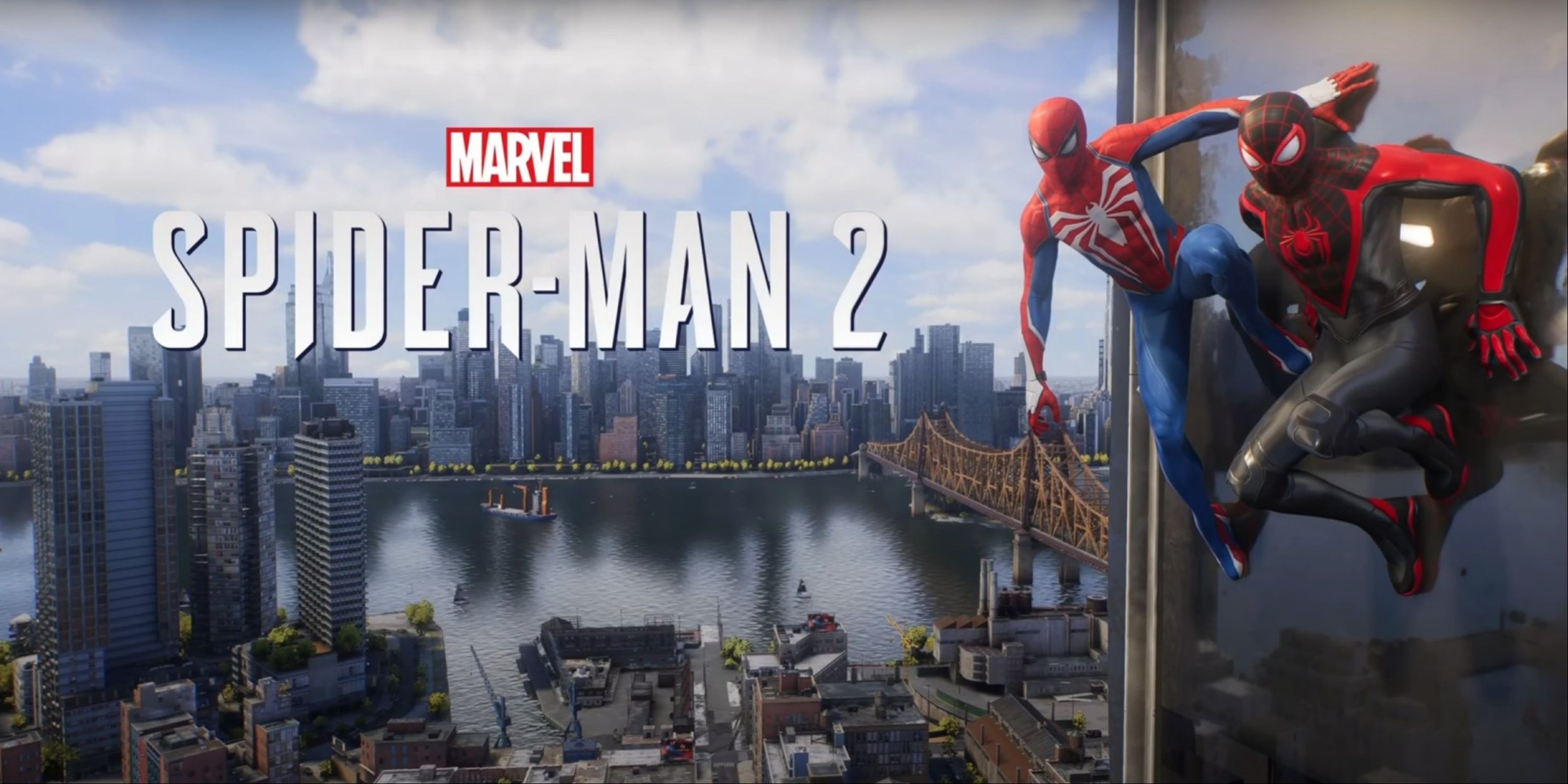 صفحه اصلی Marvel's Spider-Man 2 با پیتر و مایلز مقابل یک ساختمان و عنوان بازی در بالای صفحه قرار گرفت.