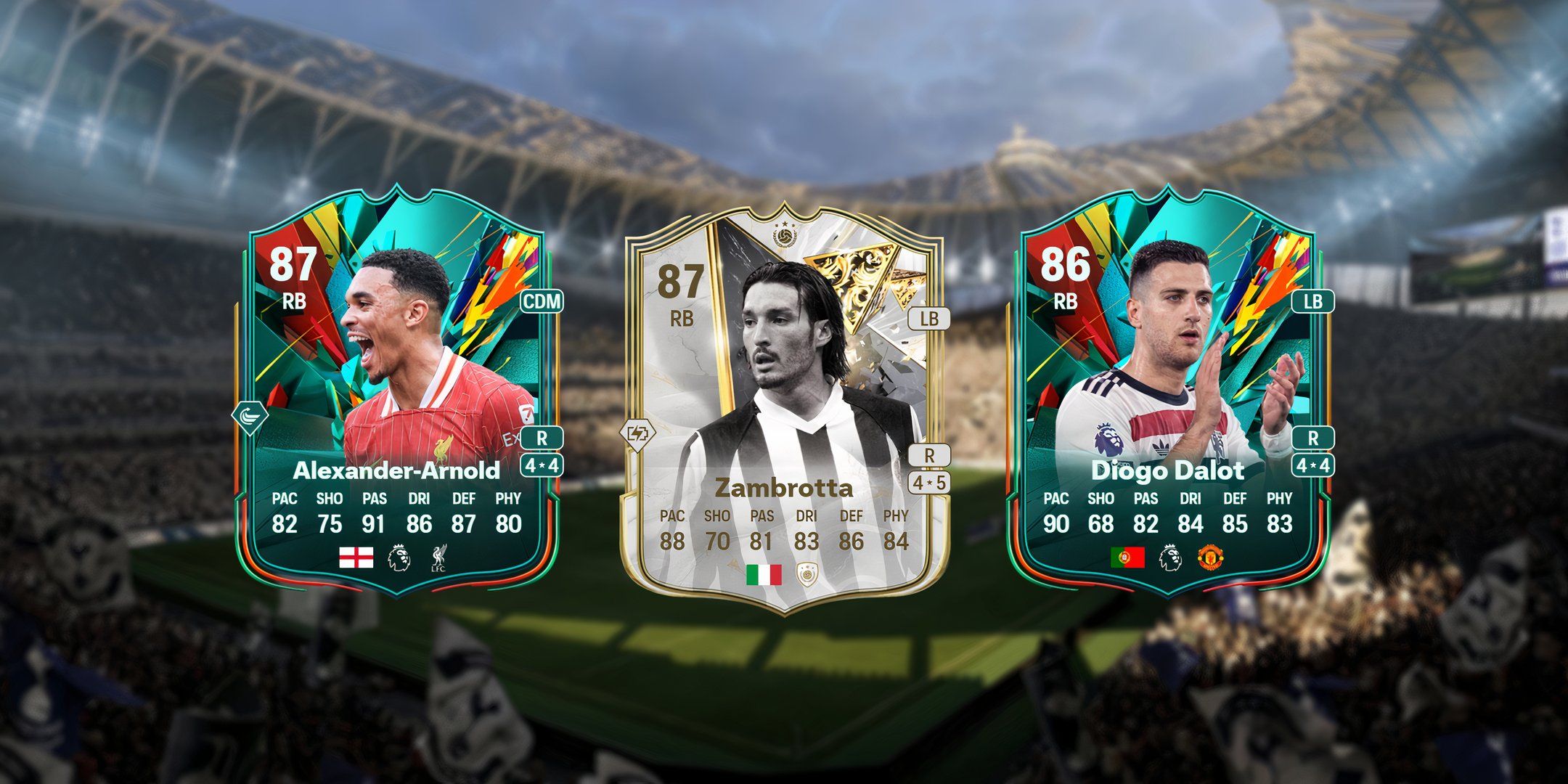 Trent Alexander-Arnold, Zambrotta, and Diogo Dalot&rsquo;s cards in EA Sports FC 25.