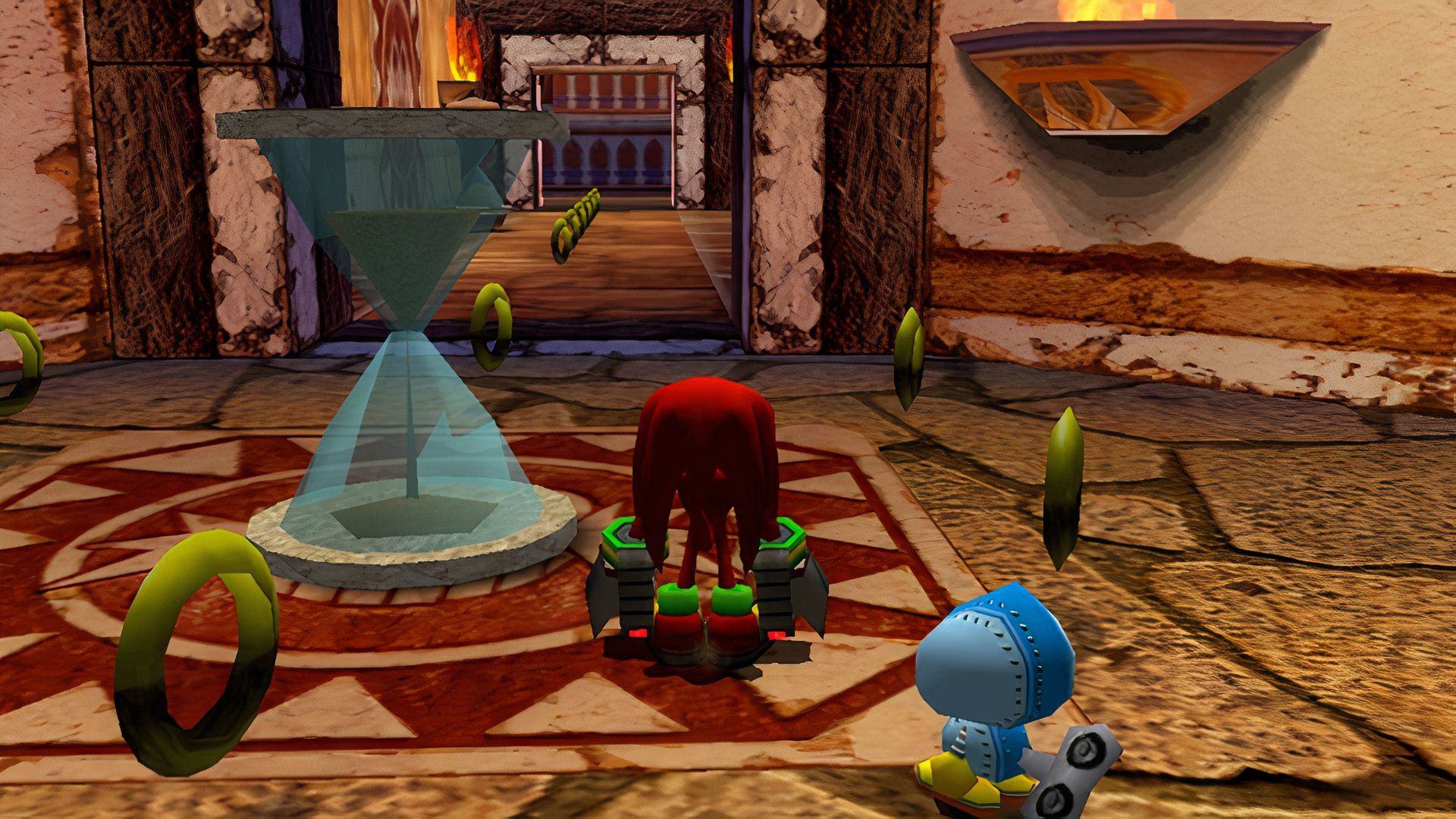 Knuckles stands in front of an hourglass in Sonic Adventure 2's Death Chamber.