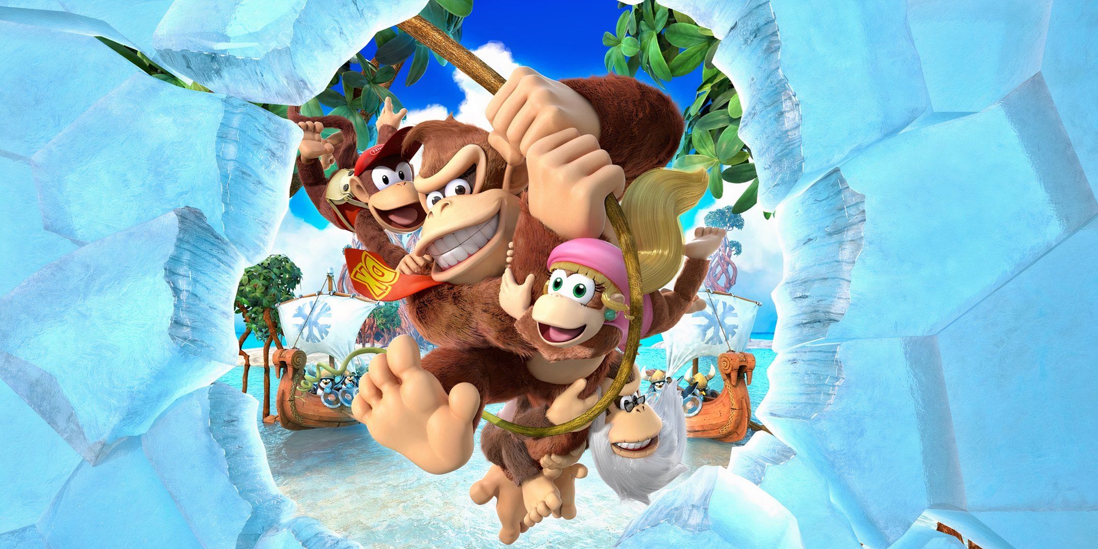 Donkey Kong and his friends swing across the icy landscape in Donkey Kong Country: Tropical Freeze