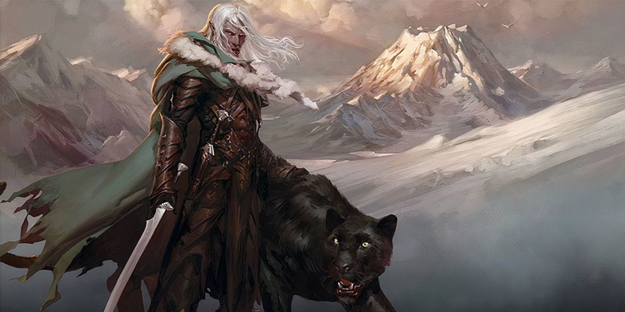 A drow elf with a black panther companion in a snowy mountain in Dungeons & Dragons.