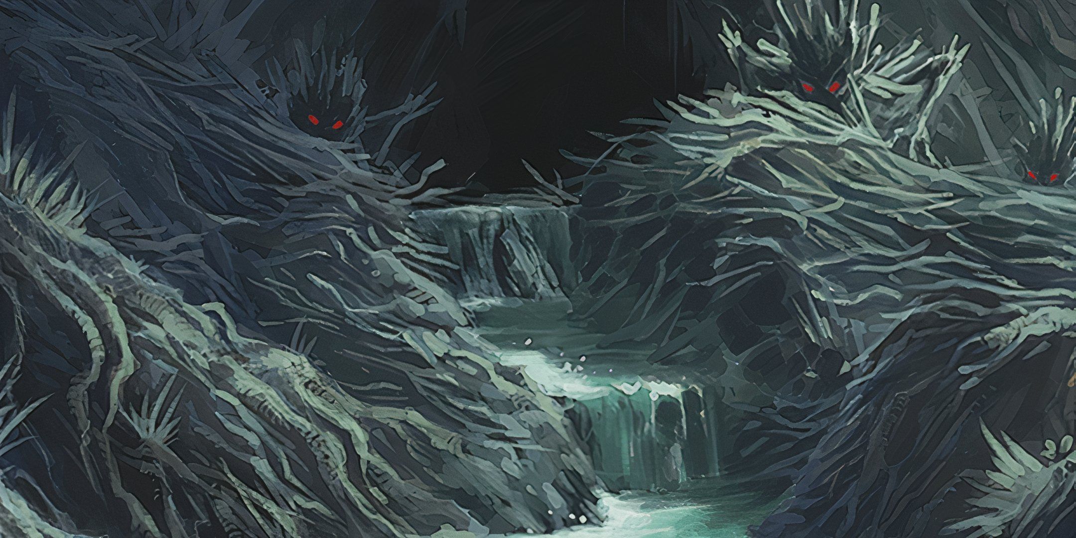 A cold and gray stream trickling by with red eyes lurking in the shadows in Dungeons & Dragons.