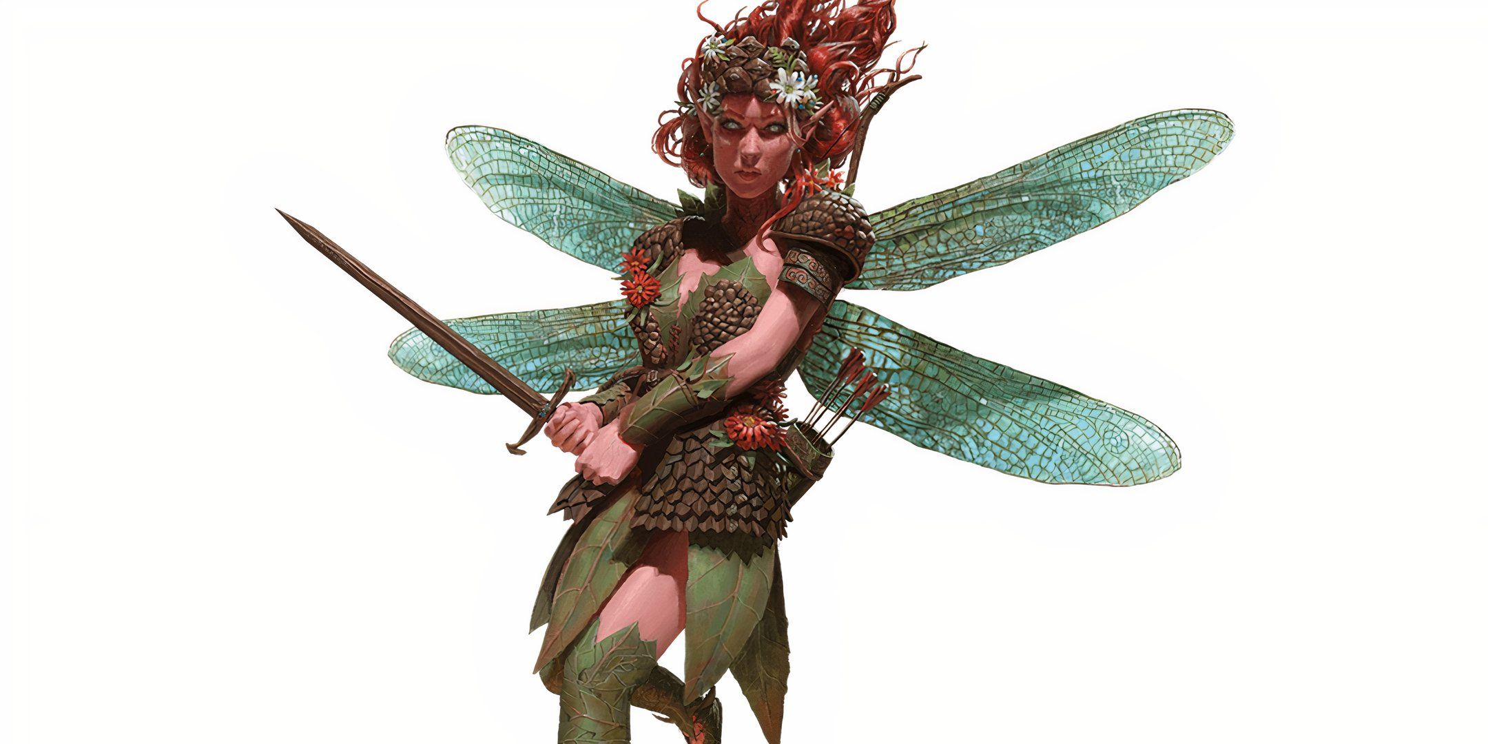 A green sprite with wings and a sword and red hair in Dungeons & Dragons.