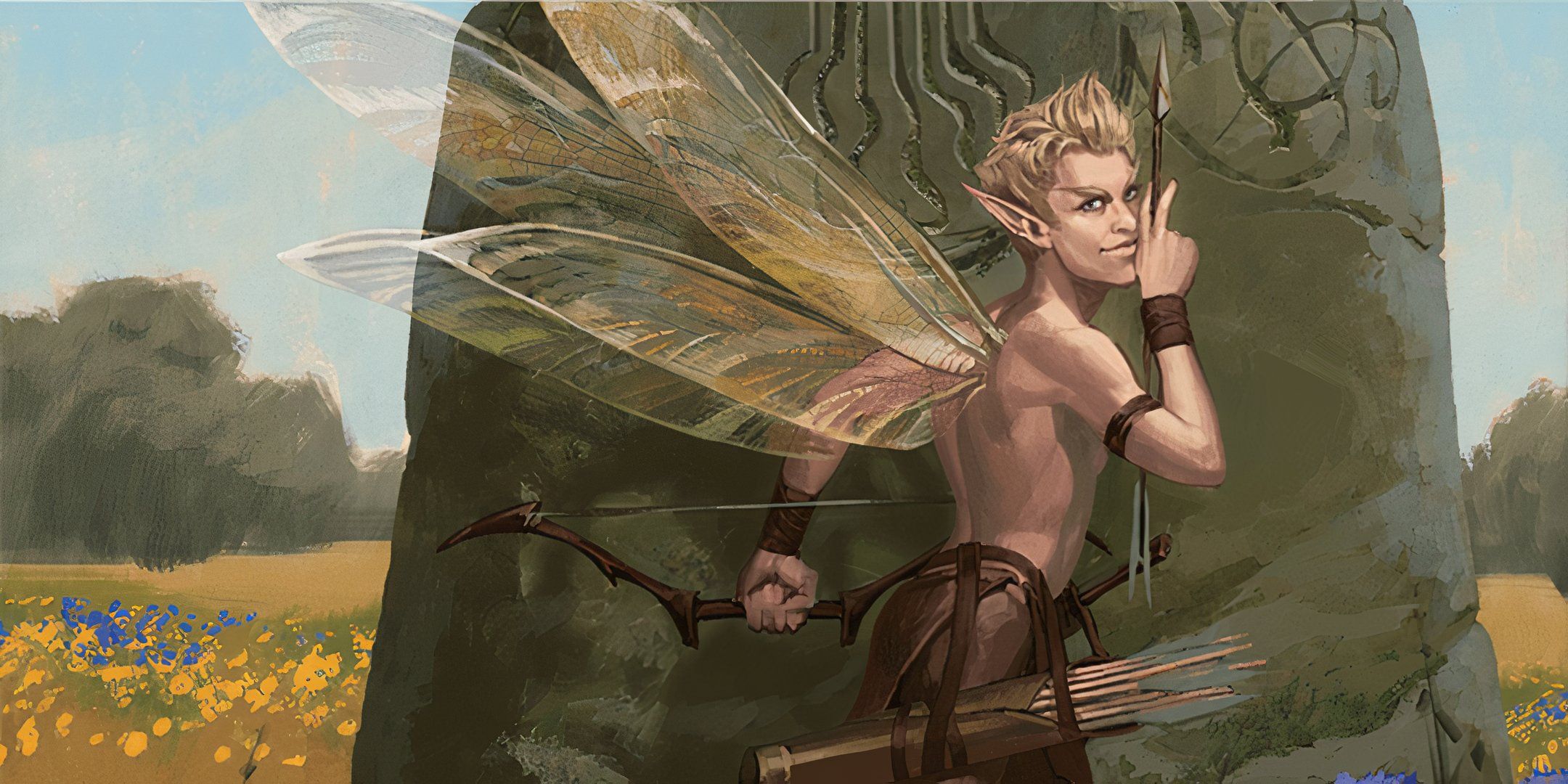 A fairy creature with translucent wings and a bow and arrow in Dungeons & Dragons.