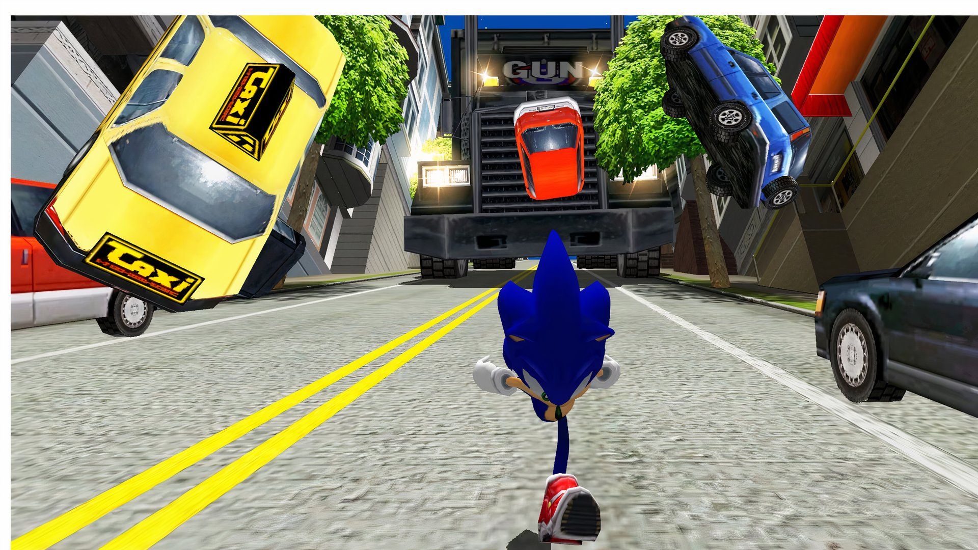 A giant truck chases Sonic in Sonic Adventure 2's City Escape stage.