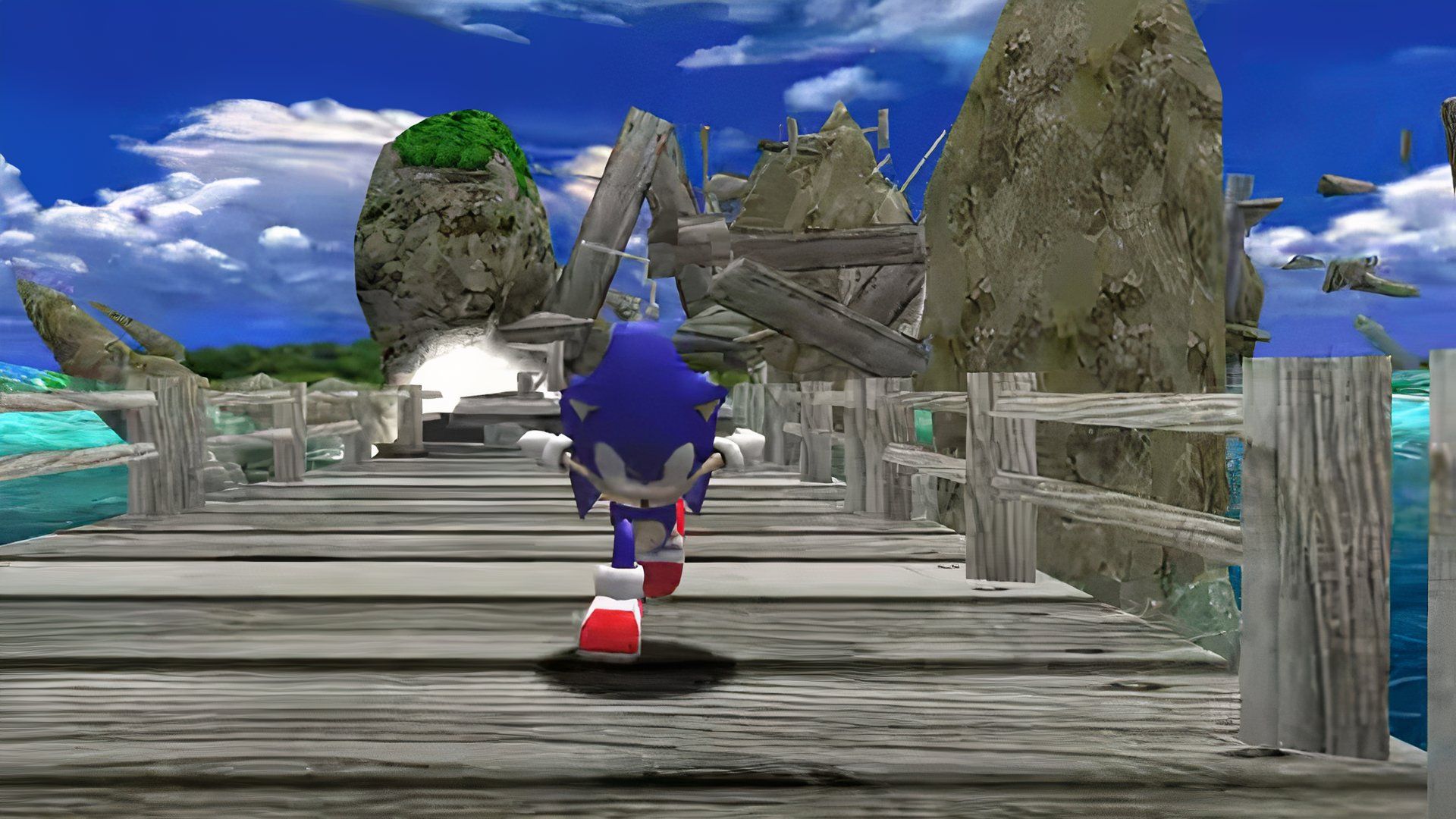 Sonic crossing a bridge in the Emerald Coast level of Sonic Adventure.