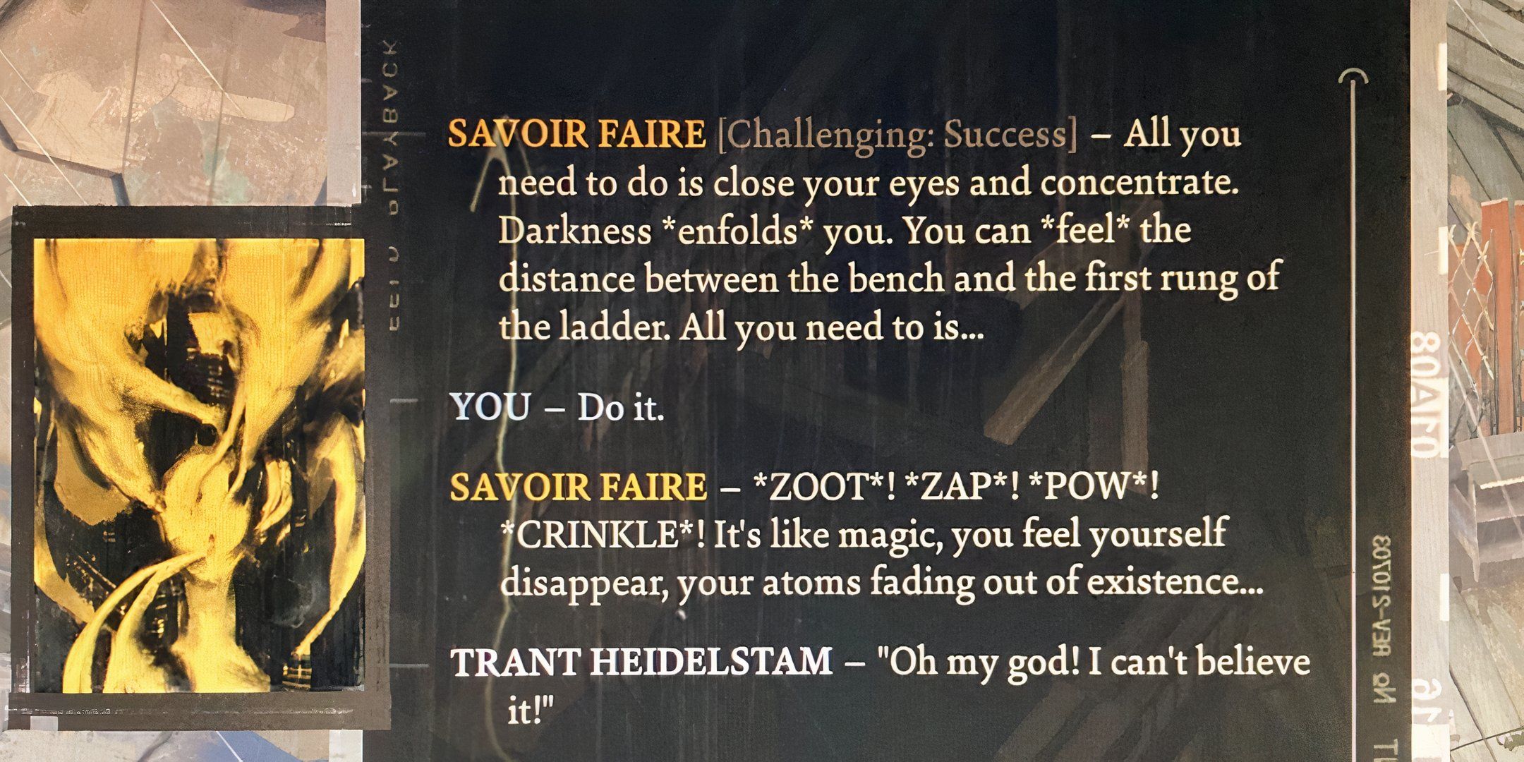نمونه ای از مکالمه با استفاده از Savoir Faire در Disco Elysium.