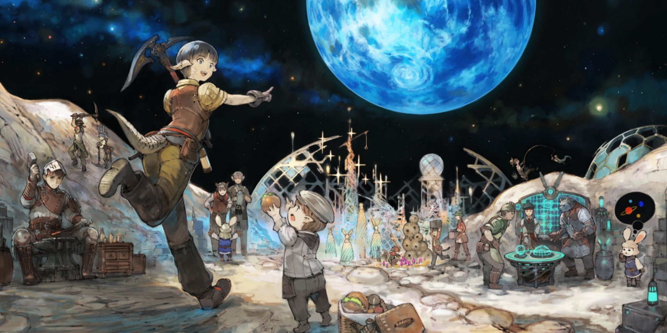 Various Final Fantasy 14 characters crafting and mining on a moon-like planet