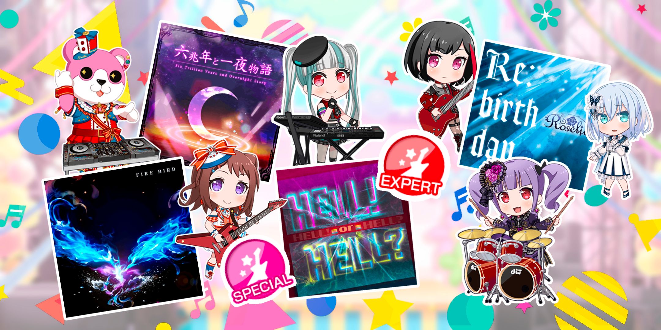 Various Band Members Around The Track Covers For Fire Bird, Six Trillion Years And Overnight Story, Hell! Or Hell?, And Re:birth Day In Front Of A Stage From BanG Dream! Girls Band Party!