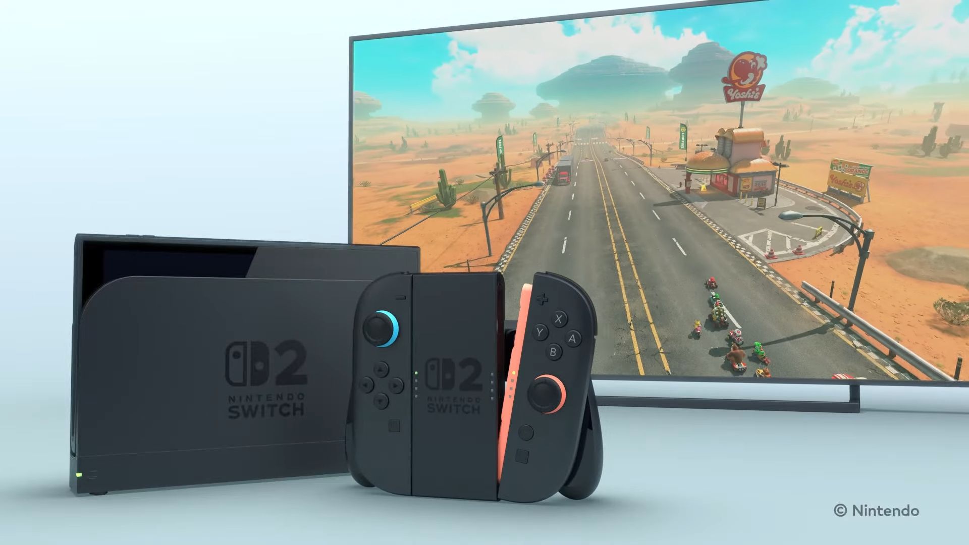 Nintendo Switch 2 docked while playing Mario Kart 9. 