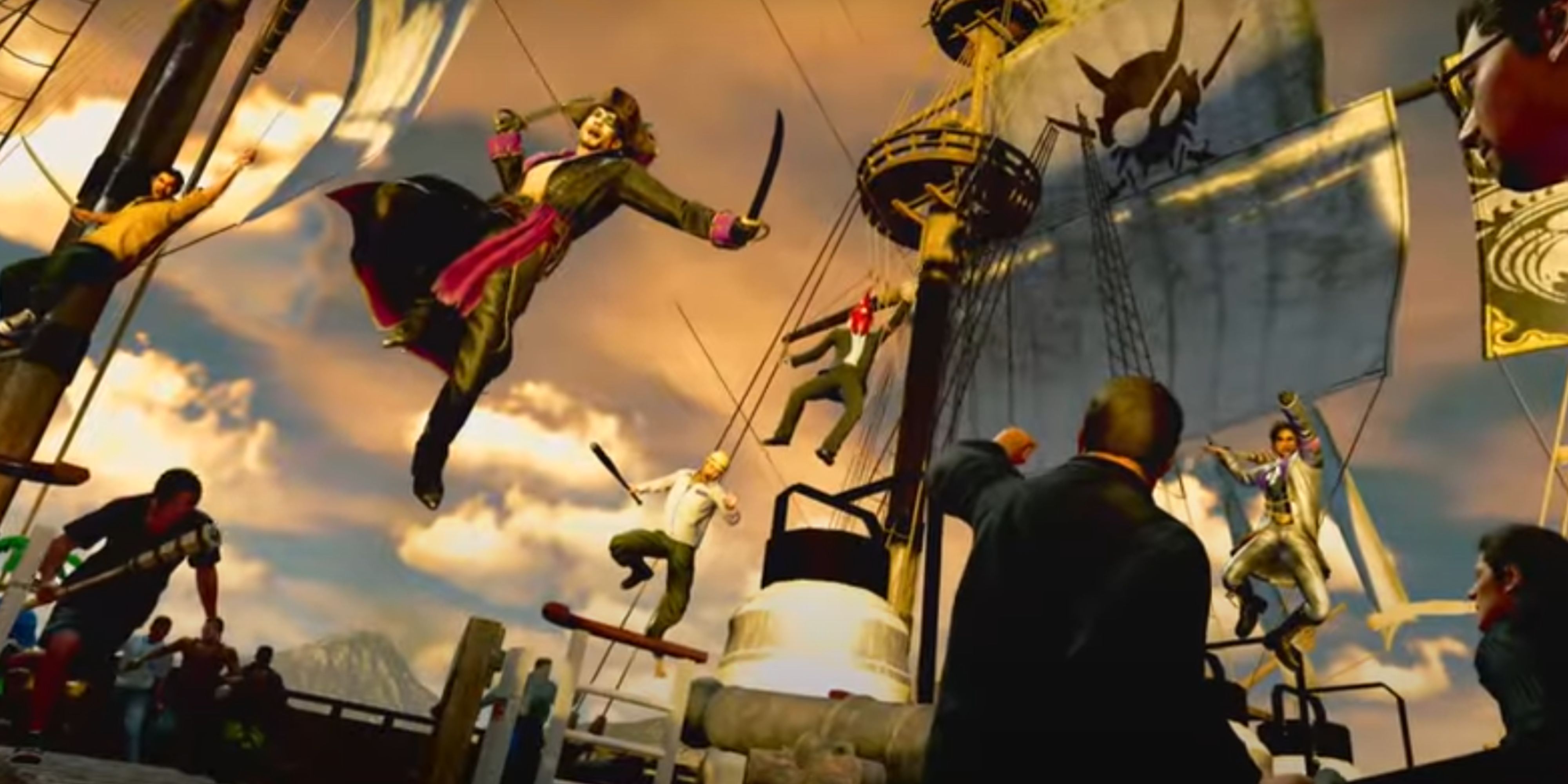 Majima leaping onto a pirate ship in Pirate Yakuza in Hawaii