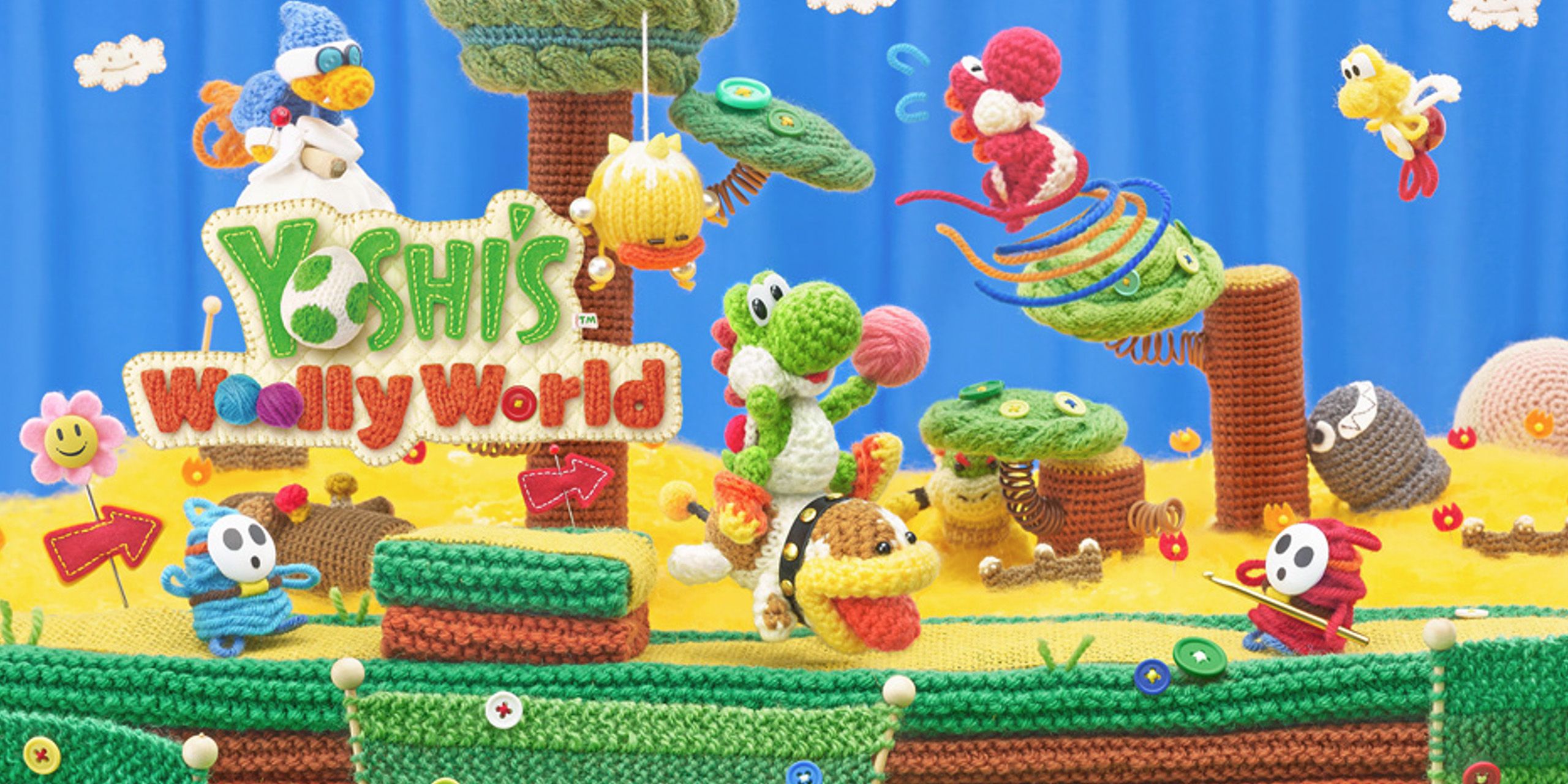 Cover art for Yoshi's Woolly World, showing Yoshi riding Poochy while surrounded by enemies.