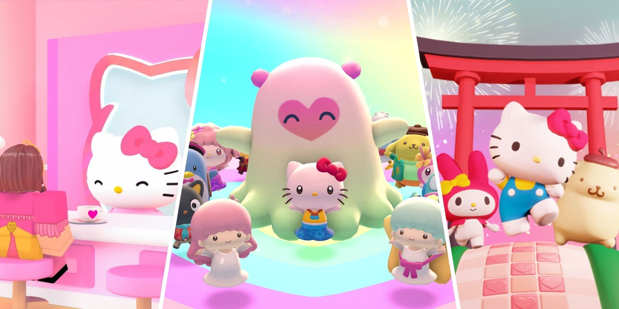 Hello Kitty and friends in the games My Hello Kitty Cafe, Hello Kitty Island Adventure, and Hello Kitty And Friends Happiness Parade.