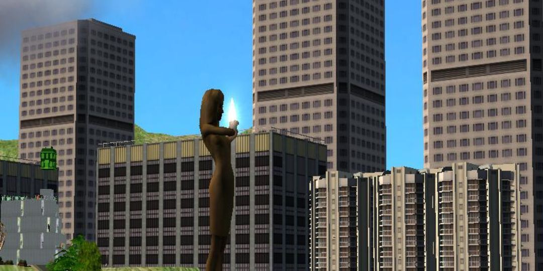 The city of Belladonna Cove is shown. They have a statue of Bella Goth at the center amid the skyscrapers.